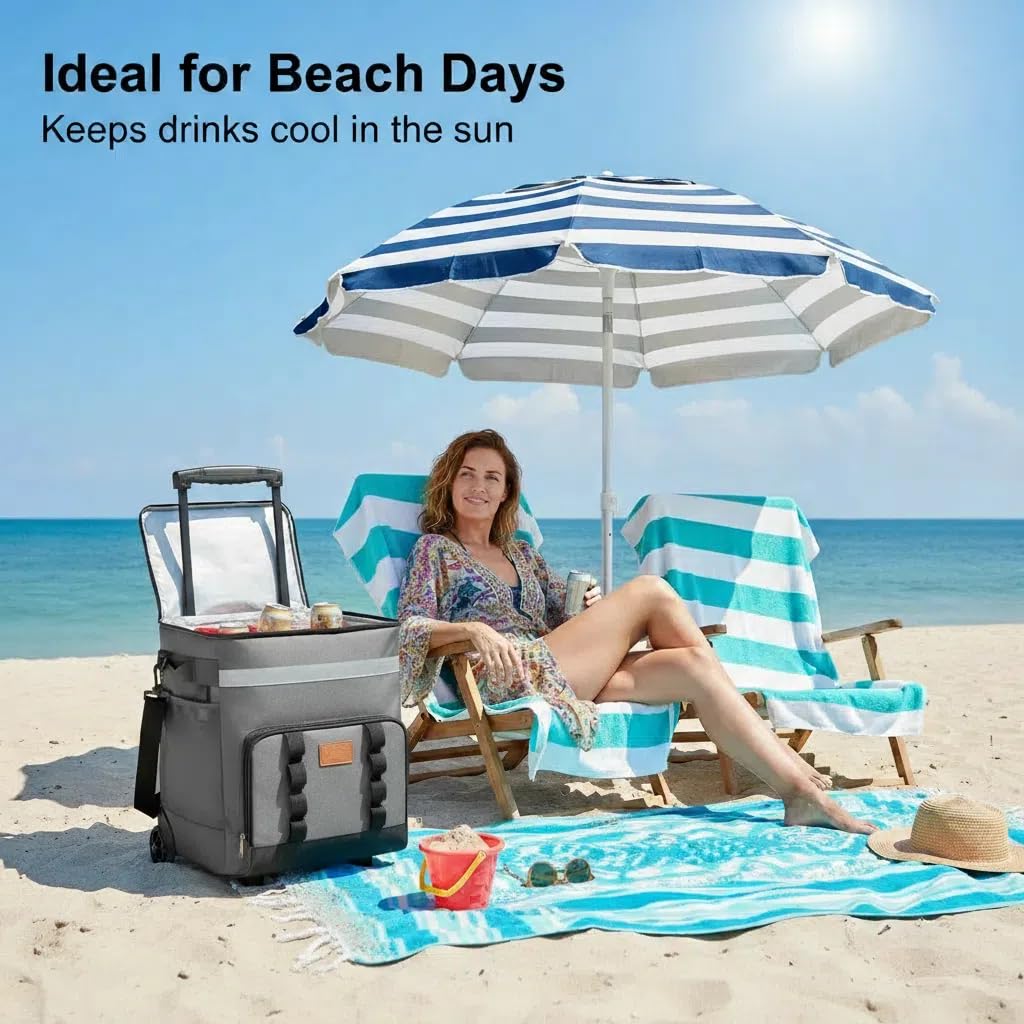 Spherate Insulated Rolling Cooler with Wheels - Soft Leak Proof Ice Chest for Camping, Beach, Travel and Lunch - Portable Wheeled Cooler (Gray)