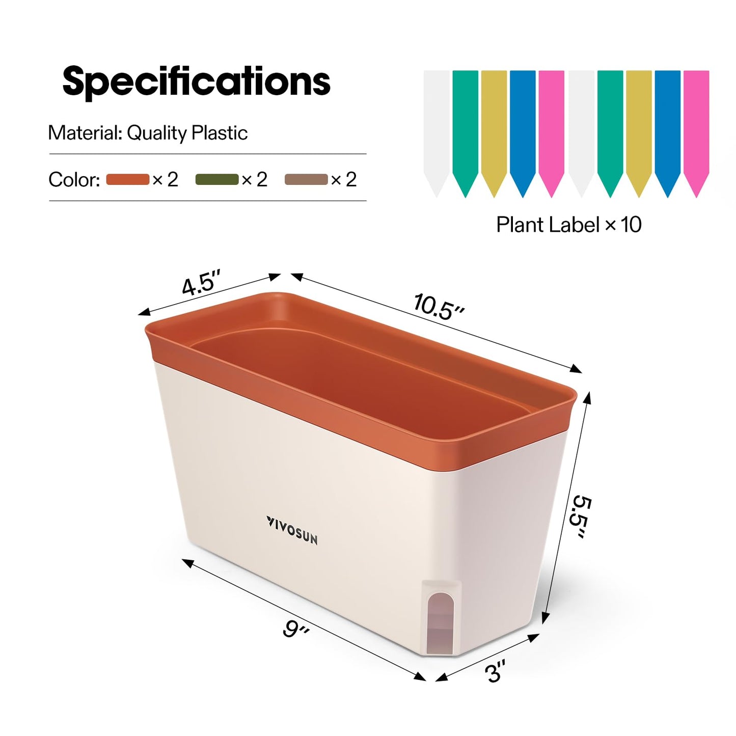VIVOSUN Self-Watering Planters, 6-Pack 10.5 Inch Compact Rectangular Window Herb Planter Box with 10 PCS Plant Labels, Plant Container for Basil, Flowers, Succulents, Indoor & Outdoor