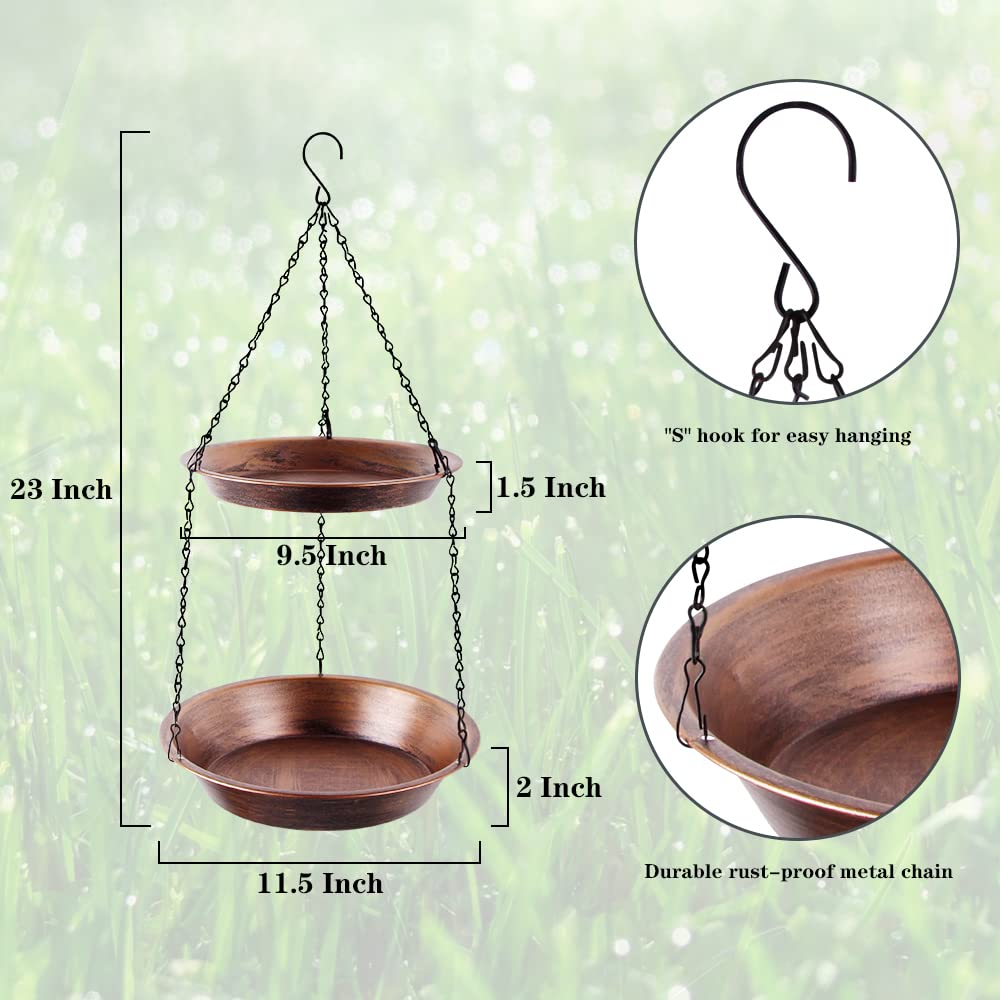 Keygift Hanging Bird Bath for Outdoor, 2-in-1 Antique Copper Metal Bird Feeder&Birdbath Bowls with 23" Rust-Proof Black Chains Backyard Birdbath Garden Decor