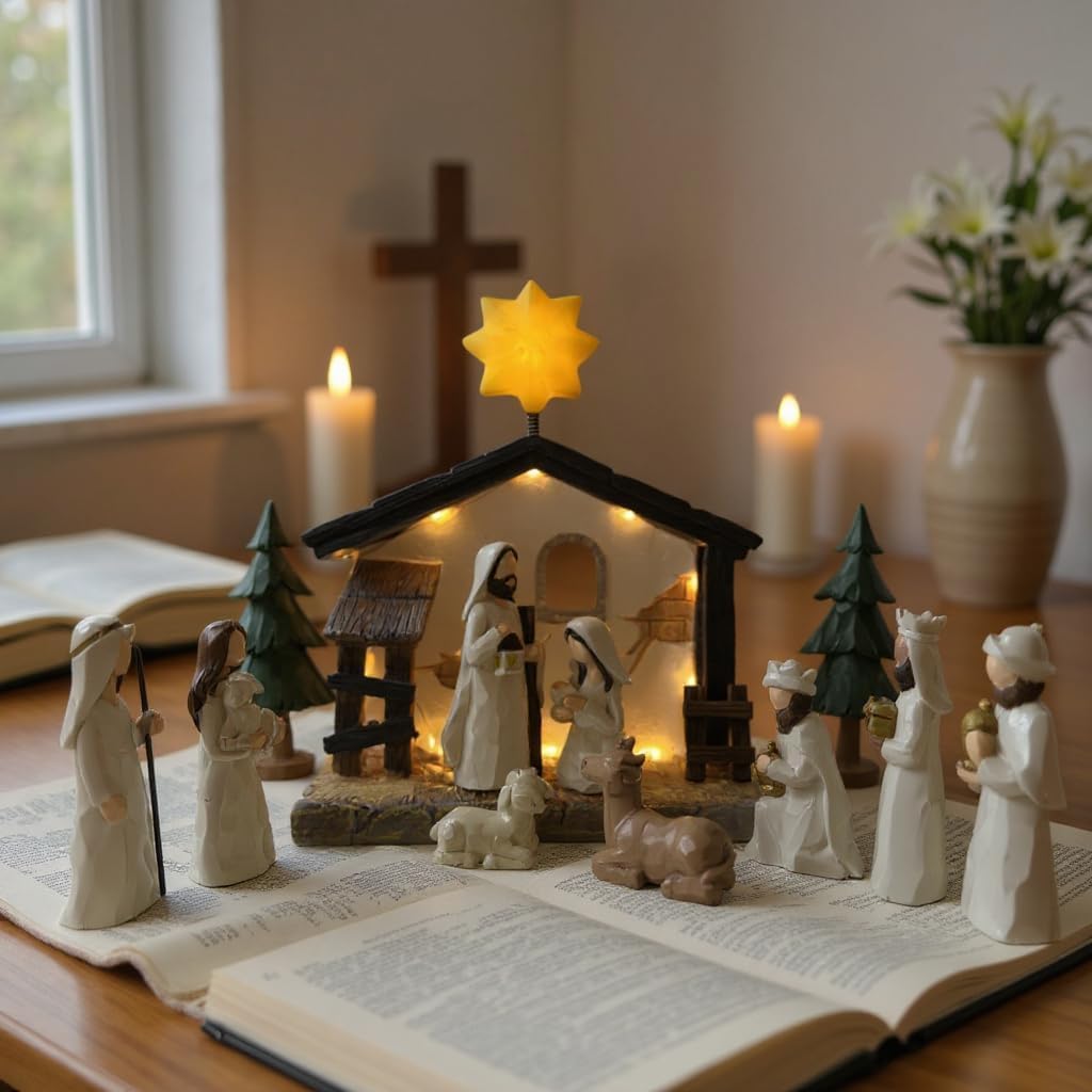 WANCHIY Nativity Set Indoor Christmas Decoration- 13 Pieces Nativity Scene with Manger for Nativity Scene Indoor Use, The Nativity Story Figures- Christian Religious Nativity Sets & Figures (Classic)