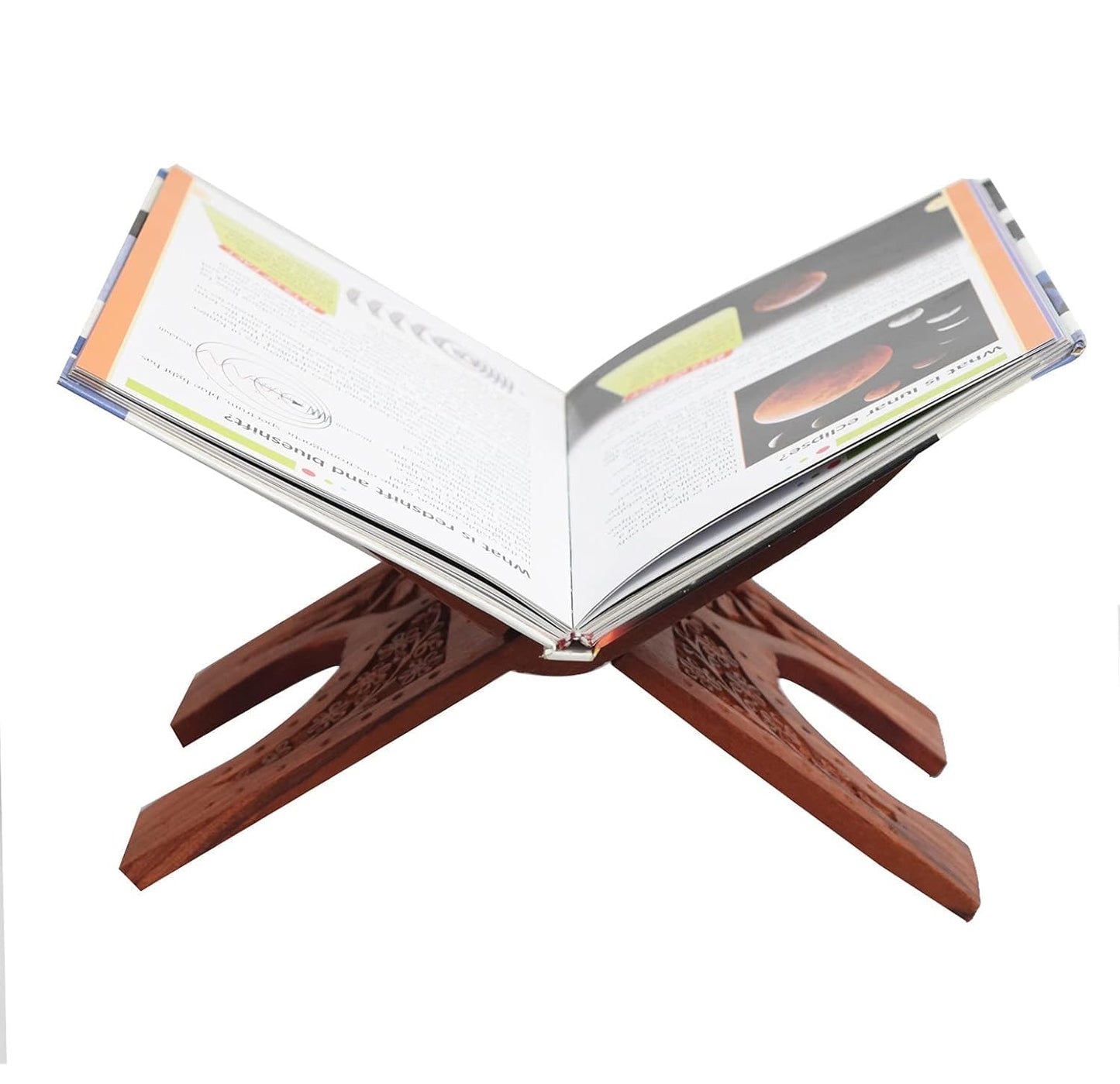 Rihal Rehal Handmade Wooden Quran Holder - Folding Book Reading Stand, Floral Design Curved Magazine Holder