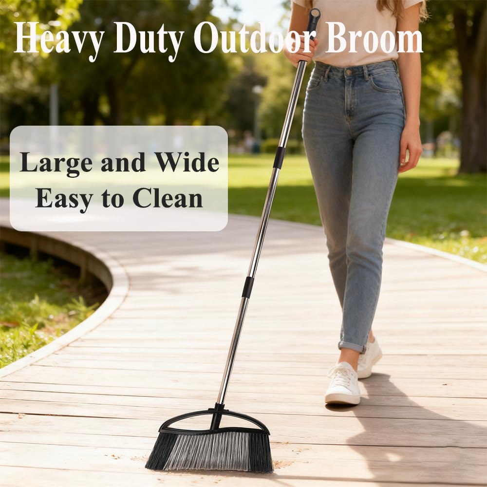 Chanhoo 3 Pack Wide Heavy Duty Angle Broom - Stiff Bristle Outdoor Brooms for Sweeping Patio, Garden, Garage, Yard (Black, Yellow, Green)