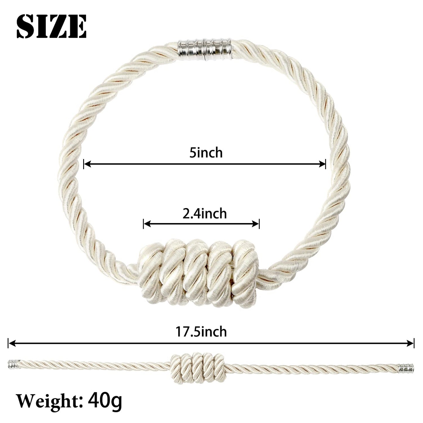 BEL AVENIR Magnetic Curtain Tiebacks, Decorative Drapery Holdbacks Modern Woven Tie-Backs with Exquisite Knot (Beige, 2 Pack)