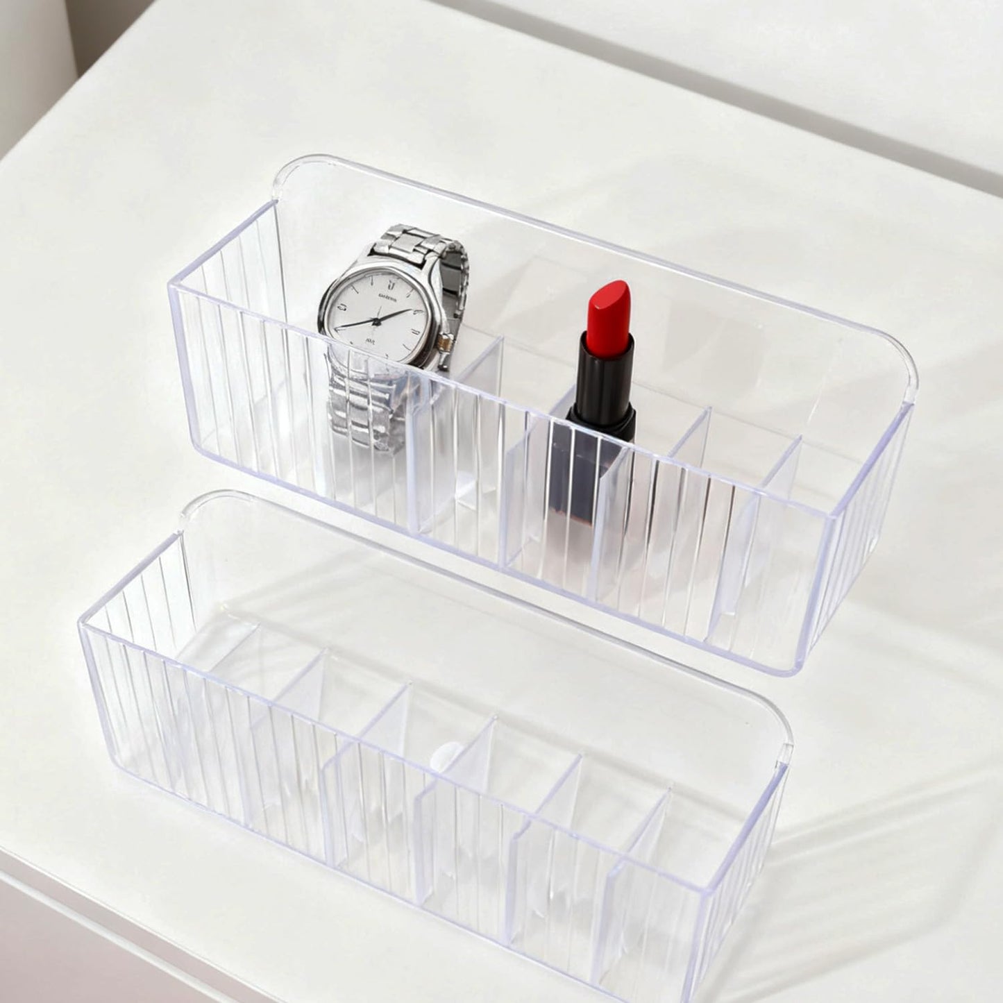 Wall Mount Storage Organizer, Clear Storage Box Holder Basket with 6 Compartments No Drilling Hang Walls/Doors for Kitchen, Cabinet, Bathroom, Bedroom, Office (19x8x3.8cm)