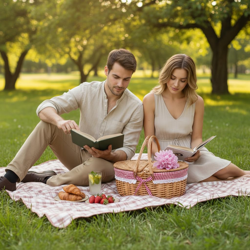 Wicker Picnic Basket with Lid and Handle Sturdy Woven Body with Washable Plaids Liner,Red