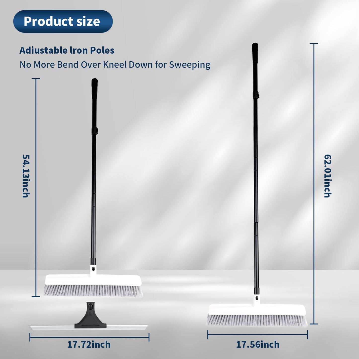 3-in-1 Floor Brush with Squeegee and Adjustable Long Handle, Push Broom with Rubber Squeegee, Suitable for Warehouses, Glass, Floors, Tiles, Hardwood Floors, Decks and Patios