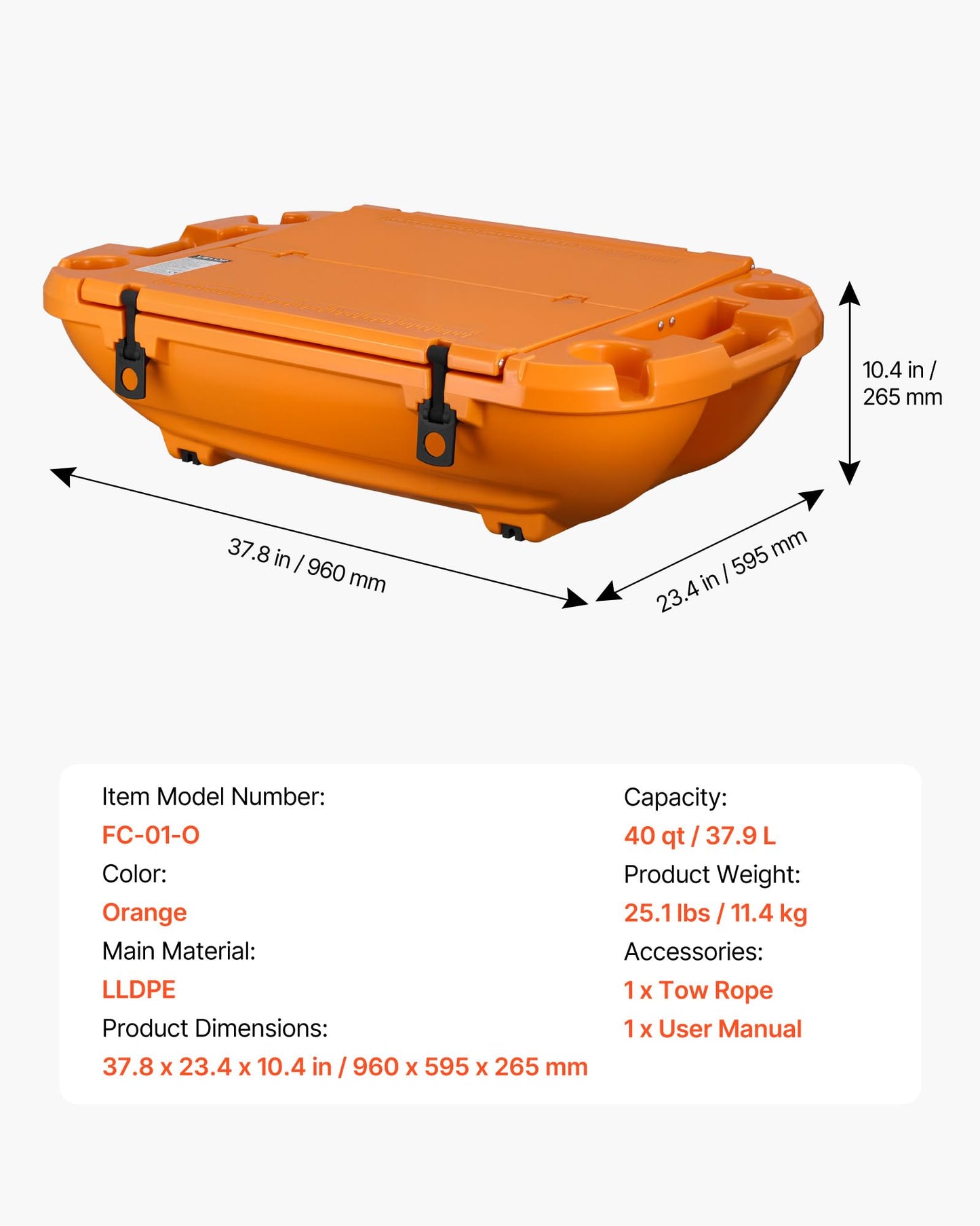 VEVOR 40QT Floating Cooler, Spacious Floating Ice Chest with Dry Storage Vessel & Tow Rope, Premium LLDPE Beverages Cooler for Water & Land, Smooth Cruiser on Lake River Beach Kayak - Orange