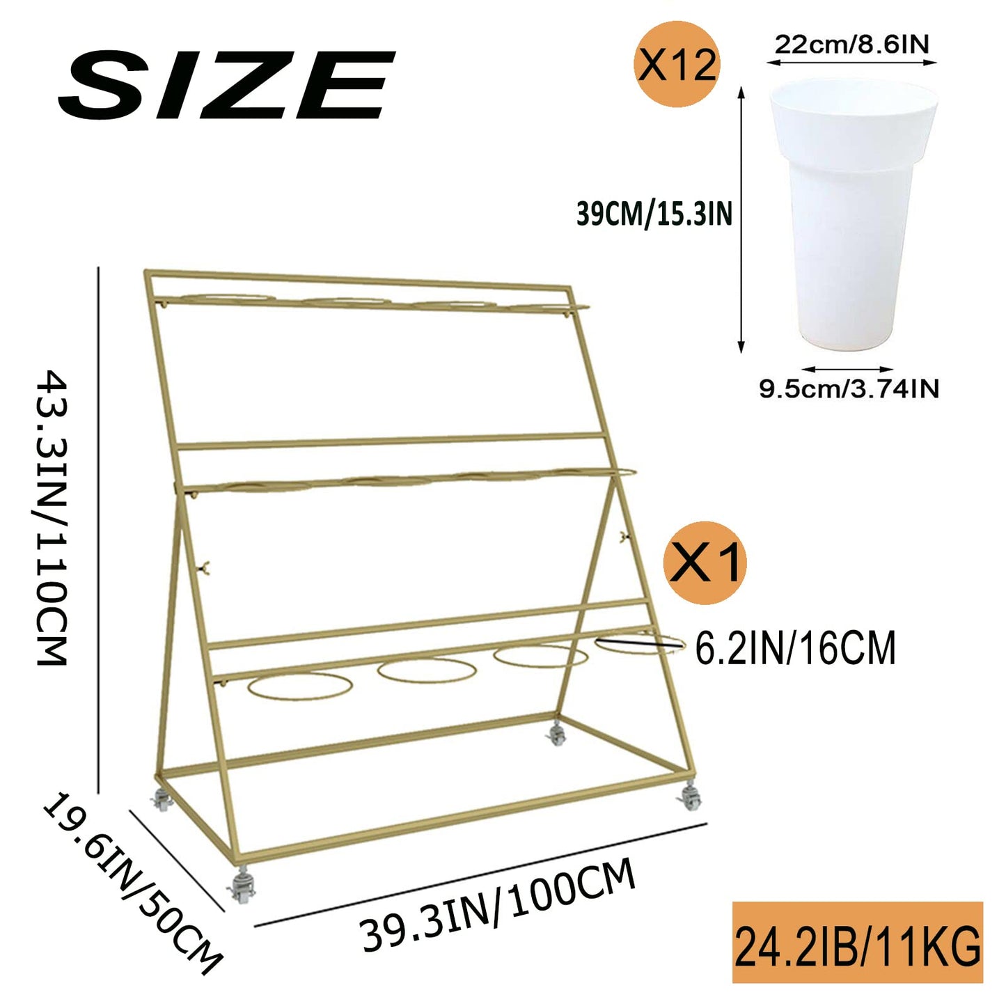 Flower Display Stand, 3 Layers Heavy Duty Moving Plant Cart Shelf With Wheels and Bucket, Wrought Iron Florist Shelf, for Patio Garden, Living Room, Outdoor Flower Pop-Up Events (Golden Iron Frame)