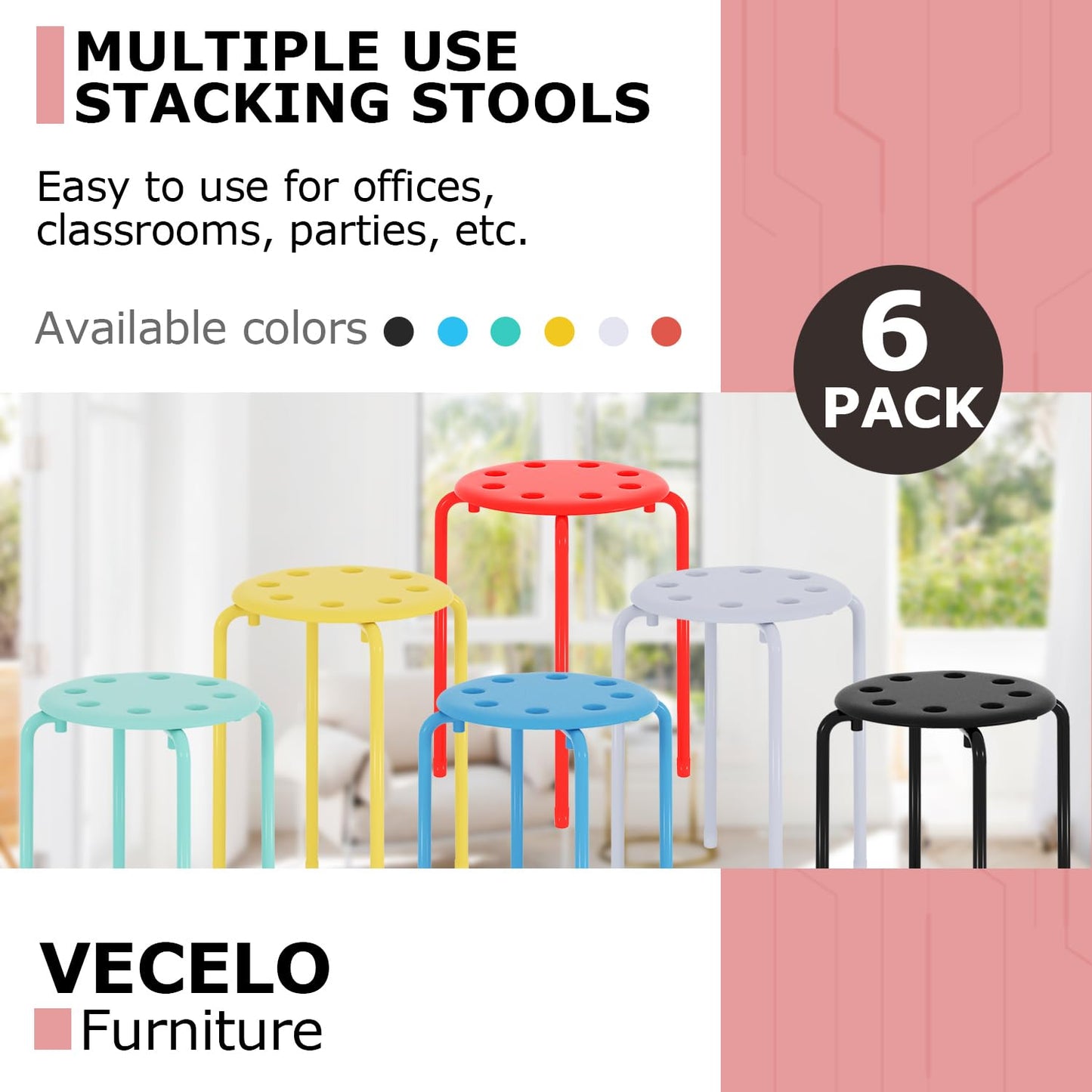 VECELO Set of 6 Stackable Stools with Metal Frame, Colorful Stool for Classroom School Home Office Use, 17.7 Inch Standard Height Portable Chairs No Assembly