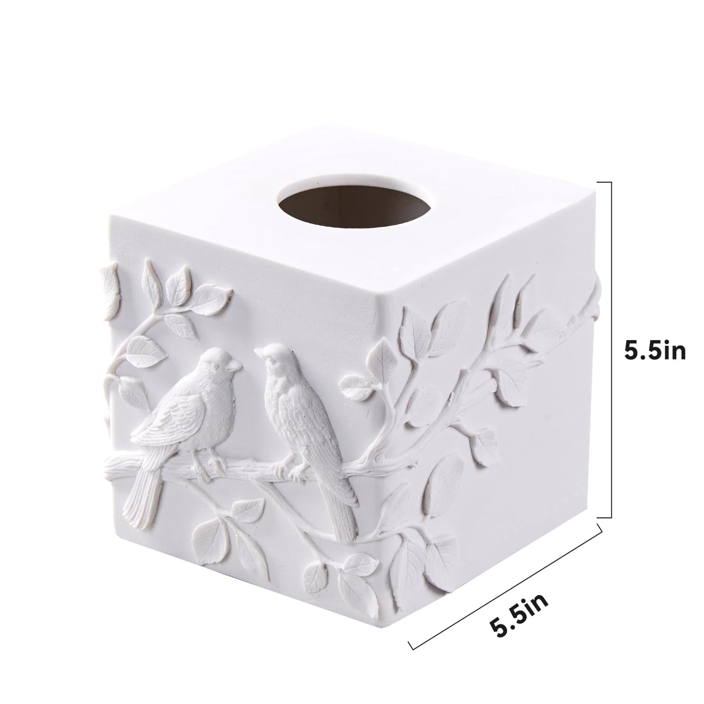 White Marble Relief Birds Square Tissue Box Cover Decorative,Resin Heavy Sturdy Tissue Box Holder, Facial Paper Holder for Bathroom Vanity Countertop, Bedroom Night Stand,Office and End Table