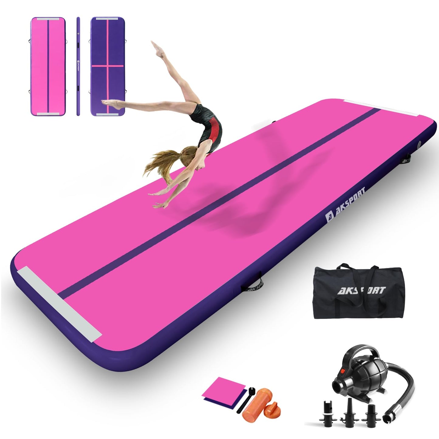 AKSPORT Air Mat Tumble Track Gymnastics Inflatable Tumbling Mats With Electric Air Pump for Home Use/Tumble/Gym/Training/Cheerleading/Parkour/Beach/Park/Water 10/13/16/20/23/26/29/33ft (Fuchsia, 20ft)