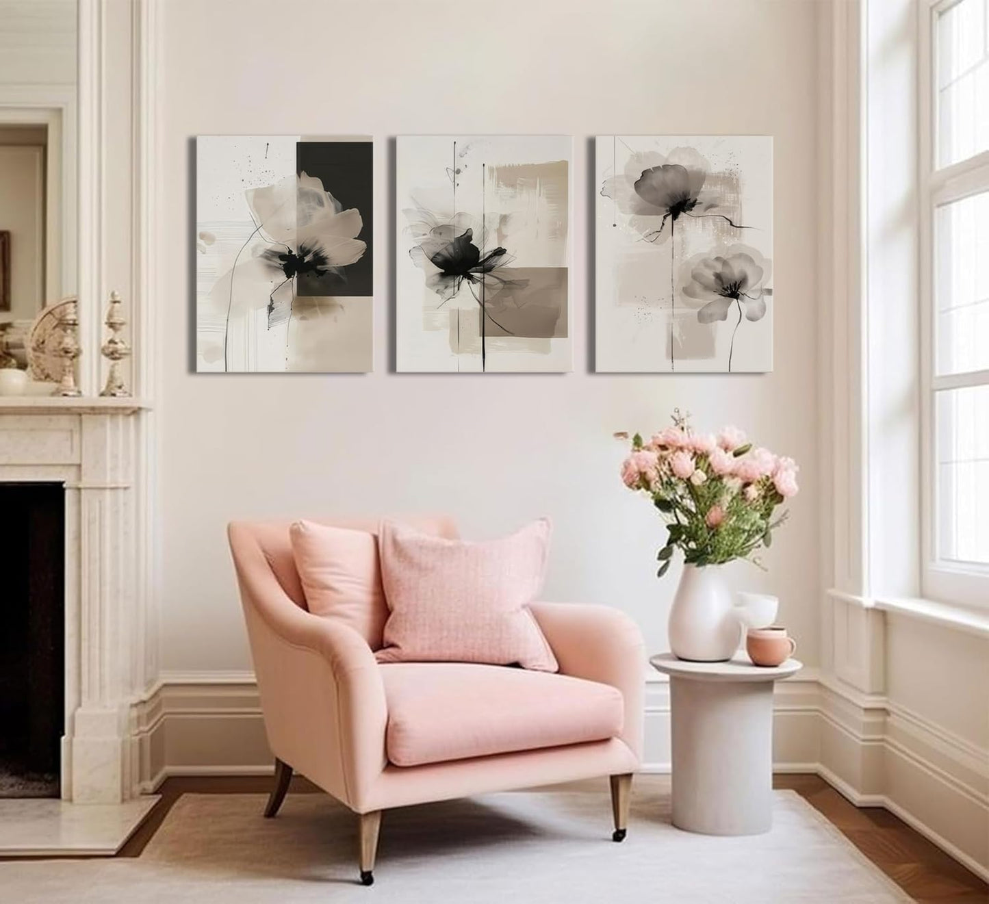 Neutral Abstract Floral Canvas Wall Art Modern Large Minimalist Wall Decor Contemporary Beige Black Flower Posters Prints Picture for Living Room Bedroom Bathroom Office 12x16 In Framed