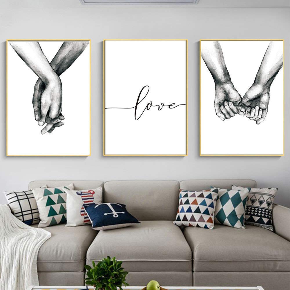 Kiddale 16"x20" Love and Hand in Hand Wall Art Canvas Print Poster,Simple Fashion Black and White Couples Sketch Art Line Drawing Decor for Home Living Room Bedroom Office(Set of 3 Unframed)