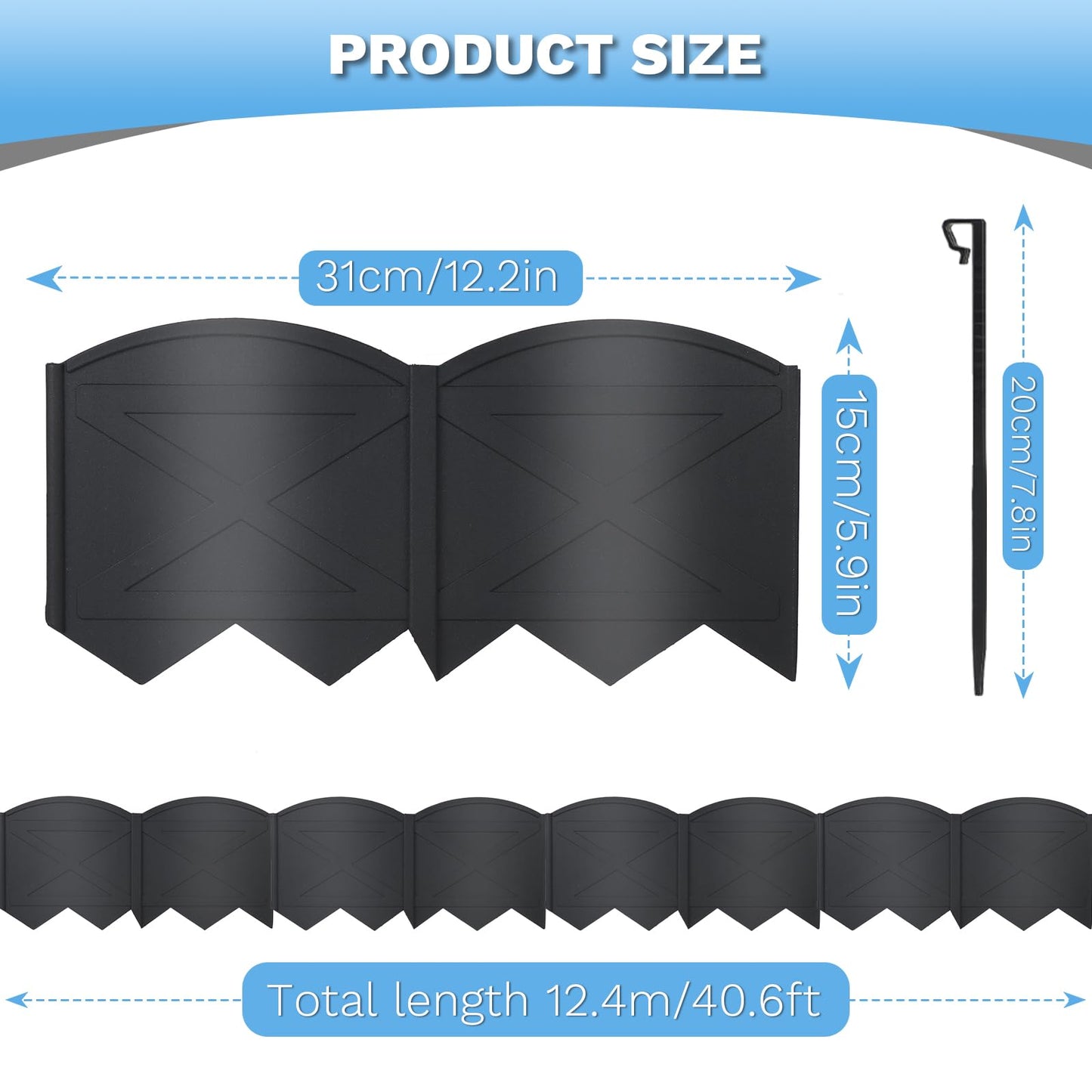 Vashly 6 inch Tall 40Ft Landscape Edging Black Garden Edging with 40Pcs Garden Stakes 7.8 Inch, 40Pcs Edging for Landscaping Plastic Garden Edging Border Flower Bed Edging Borders Lawn Edging