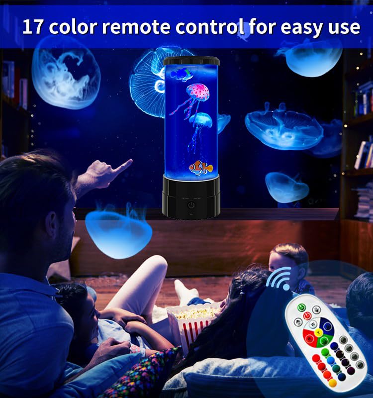 FineLiMoLa Jellyfish Lamp 12"-Black Minimalist Cylinder Table Lamp with 2 Large Jellyfish & 2 Fish,16 Color Changing LED,USB Powered,Remote Control,Jellyfish Light Lamp for Kids Christmas Gift