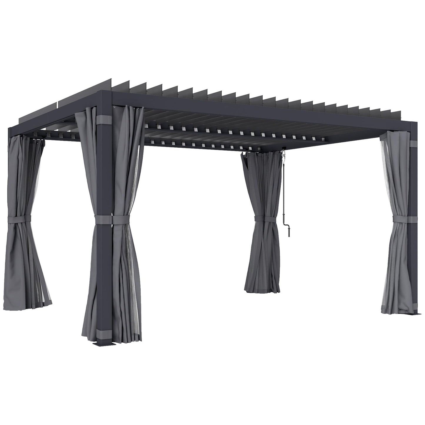 Outsunny 10 x 13 ft. Louvered Pergola Hardtop Gazebo with Adjustable Aluminum Roof and Frame, Outdoor Pergola with Curtains and Netting, for Garden, Lawn, Backyard, and Deck, Dark Gray