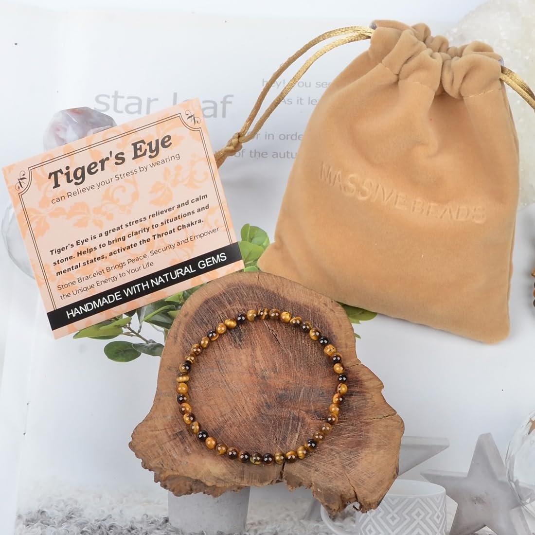 MASSIVE BEADS Yellow Tiger's Eye - Stone of Release Stress - Handmade Yoga Stretch Elastic Bracelet Natural Stone Crystal Healing Power Energy Gifts for Unisex Adult 4mm