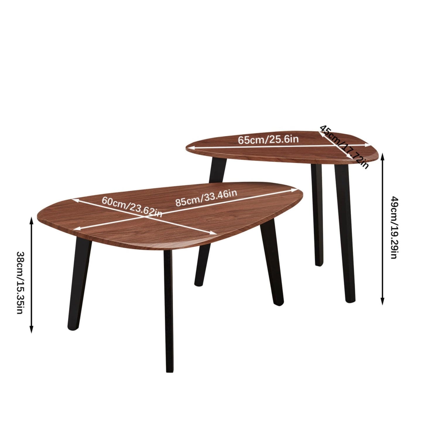 DURISEN Nesting Coffee Table Set of 2-Mid Century Modern Guitar Pick Stacking Tables with Solid Wood Legs-Waterproof Triangle Center Side End Table for Small Living Room,Apartment,Balcony (Walnut)
