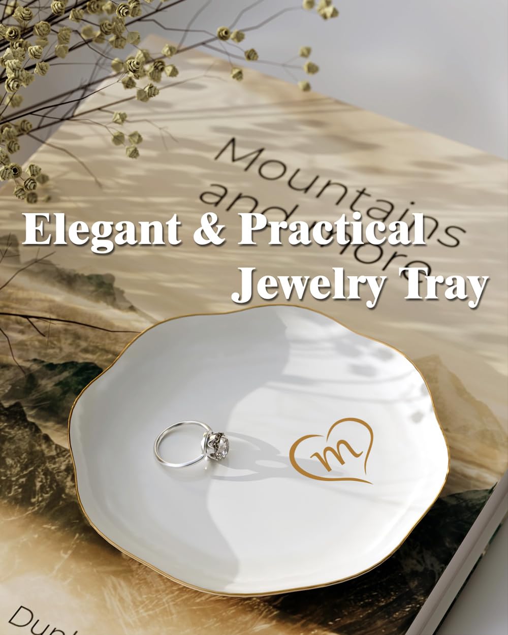 ERSHIXUN Gifts for Women – Initials Ceramic Jewelry Dish for Earrings, Necklaces, Bracelets, Rings, Watch, and Keys – Mother’s Day, Christmas, and Birthday Gifts for Women (m)