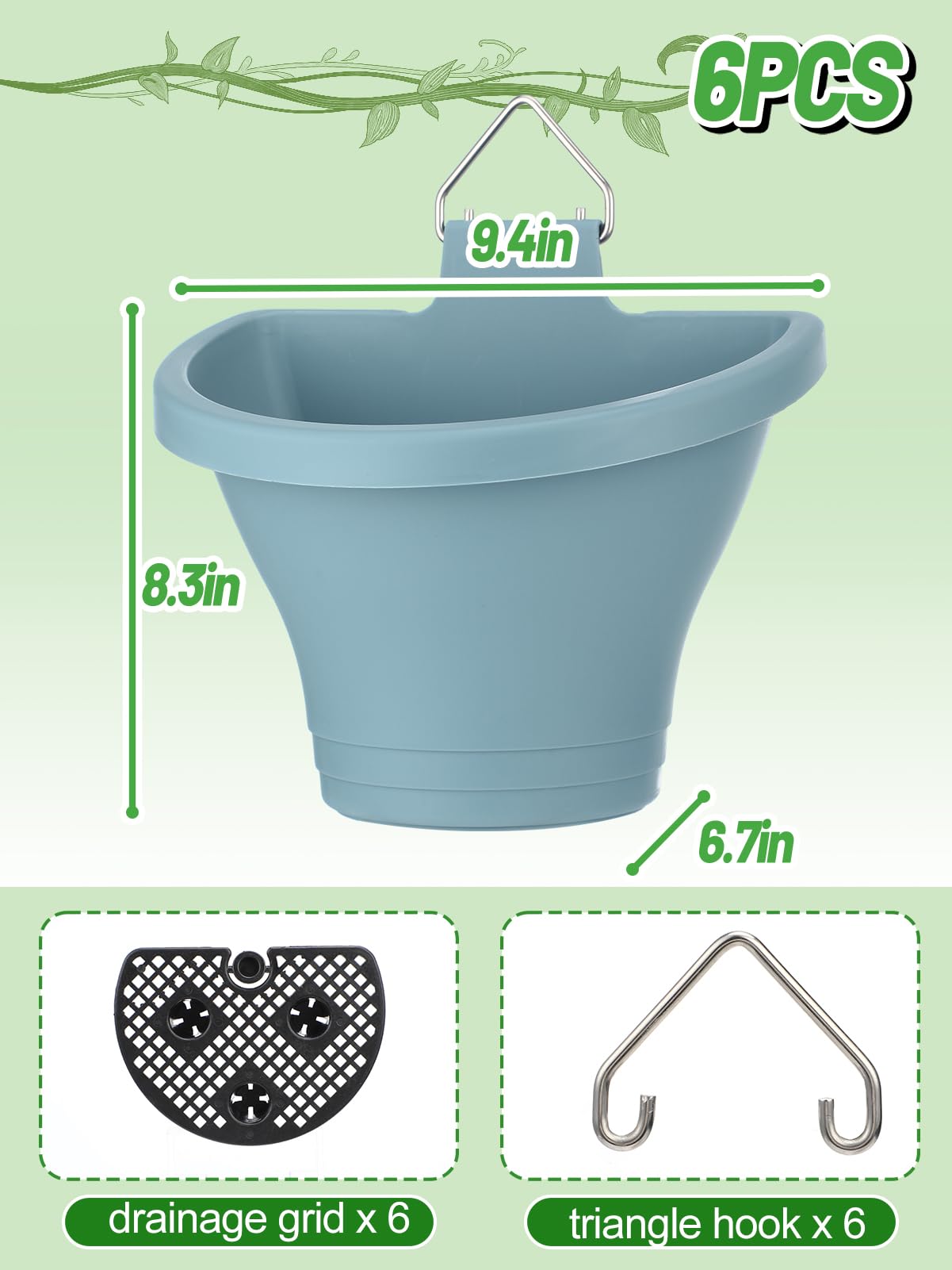 MADHOLLY 6Pcs Vertical Hanging Planters for Outdoor Plants - Wall Plant Holder for Indoor Decorations Garden Fence, Plastic Flower Pots with Drainage Grid and Hooks (Blue)