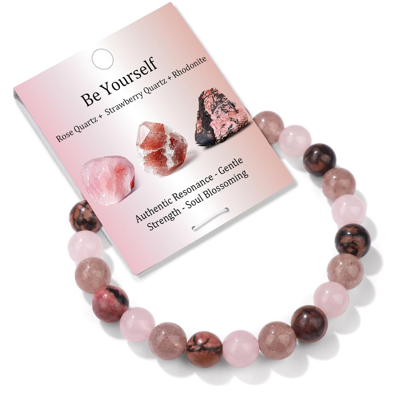 Bolinailo Healing Crystal Be-Yourself Bracelet 8mm Crystal Beaded Bracelet for Women Men Natural Stones of Rose Quartz, Strawberry Quartz and Rhodonite Handmade Gemstone Reiki Spiritual Jewelry Gifts