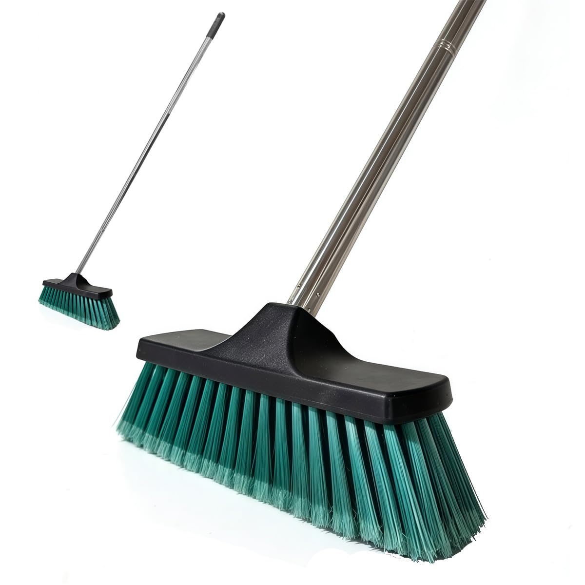 Xifando Small Floor Scrub Brush with 4-Section Stainless Steel Handle, 52" Adjustable Long Handle, 5-Row Dense Flagged Bristles, for Tile, Bathroom, Patio, Indoor & Outdoor Cleaning (Black+Green)