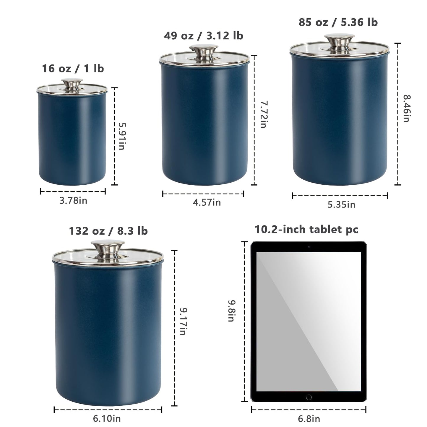 malmo Stainless Steel Food Canister Set of 4-Piece, 16/49/85/132 Ounces,Airtight Containers with Glass Lid for Tea,Coffee,Sugar,Flour,Pantry Kitchen Storage Storeroom Counter (Blue)