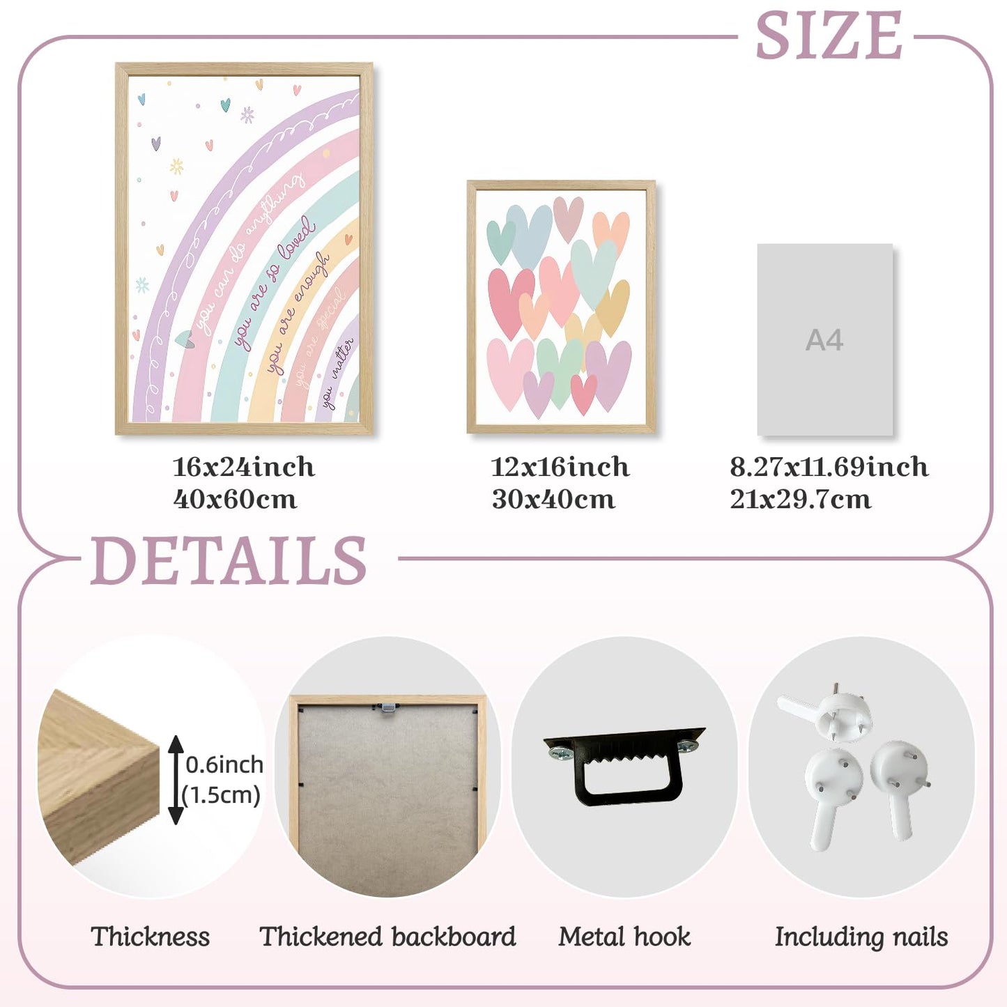 LLEEMPI Pink Heart Sun Rainbow Wall Art Set of 3, Baby Room Wall Decor, Boho Rainbow Nursery Canvas Painting, Classic Minimalist Poster Prints for Bedroom Bathroom Classroom Wood Framed 12x16 Inch
