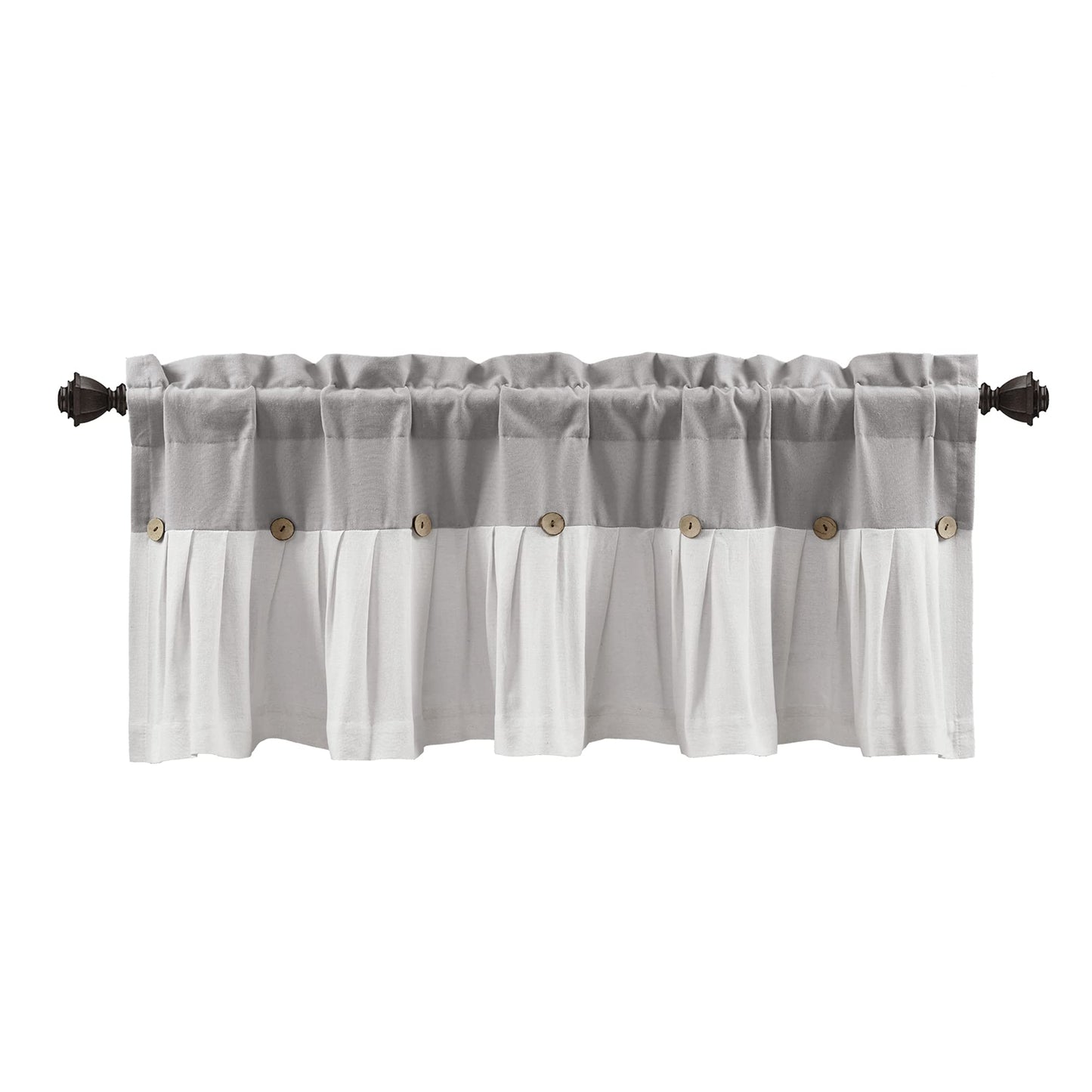 Lush Decor Linen Button Farmhouse Valance Curtians 52"W x 18"L Gray & Off White - Linen Valances For Windows - Kitchen Curtains Valances