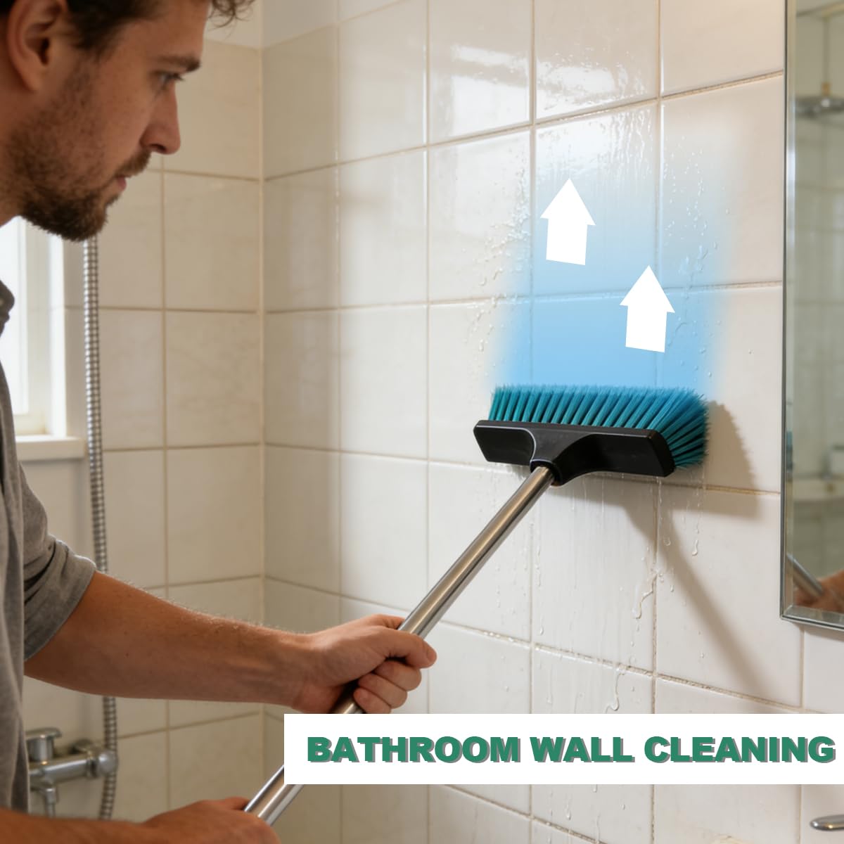 Xifando Small Floor Scrub Brush with 4-Section Stainless Steel Handle, 52" Adjustable Long Handle, 5-Row Dense Flagged Bristles, for Tile, Bathroom, Patio, Indoor & Outdoor Cleaning (Black+Green)