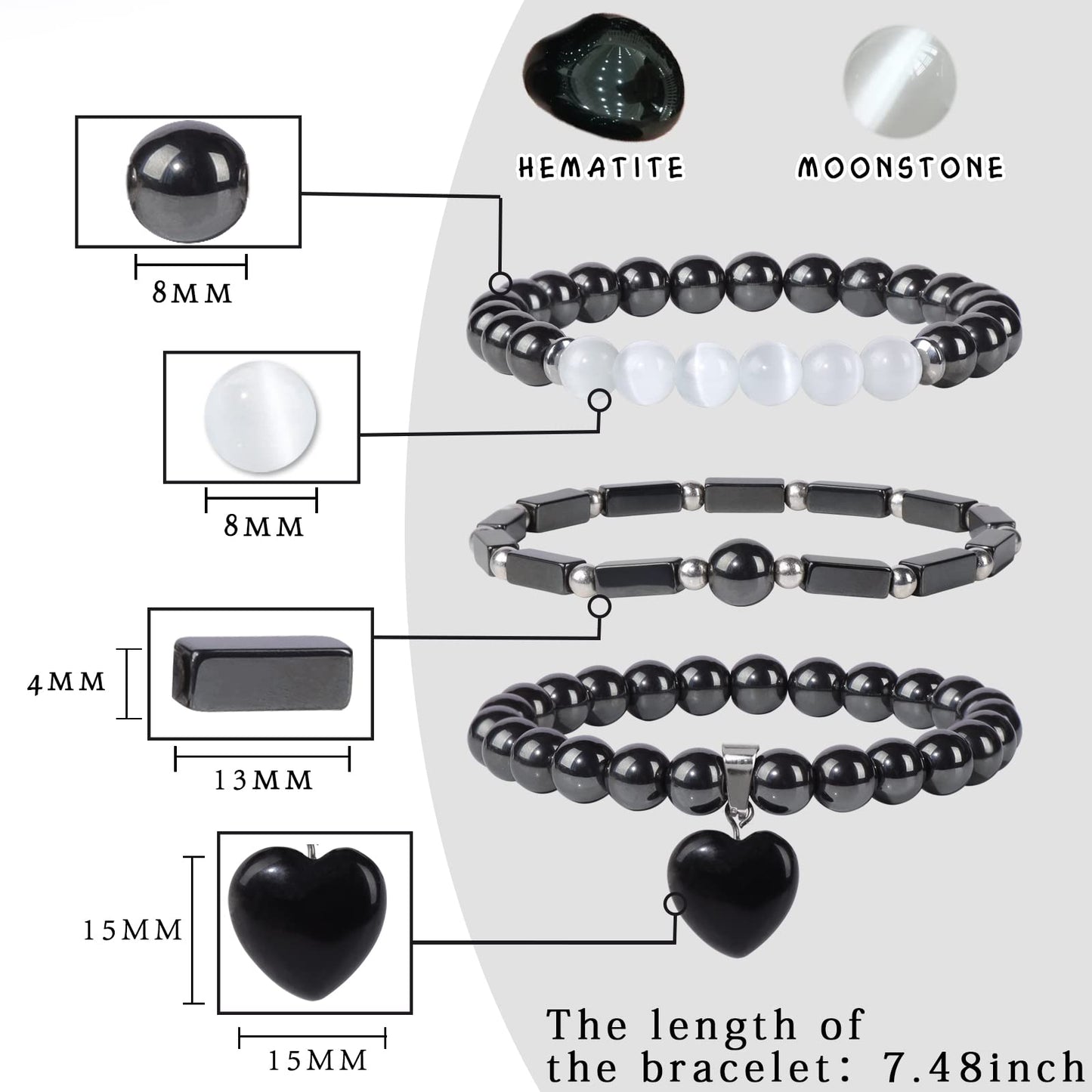 Vinswet Healing Crystal Beaded Bracelets for Women,Natural Hematite Moonstone Gemstones Bracelet,Anxiety Stress Relief Heart Charm Bracelet Handmade Black Jewelry Gifts for Women (3pcs)