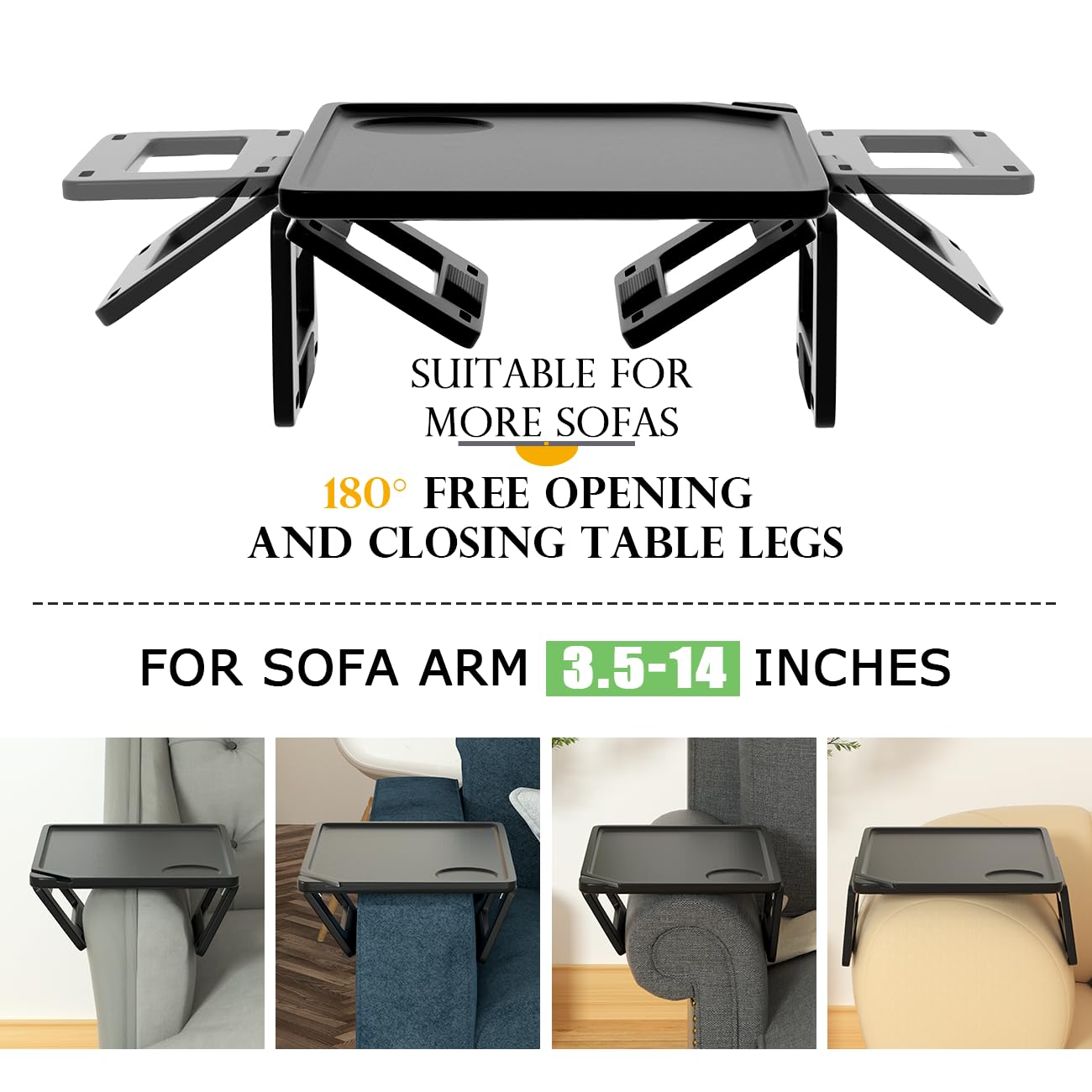 Smatdecis Couch Arm Tray Table Sofa Arm Clip Table, Armrest Tray Table Suitable for Home Drinks/Fast Food/Fruit Etc, Large Size Multi-Function Black
