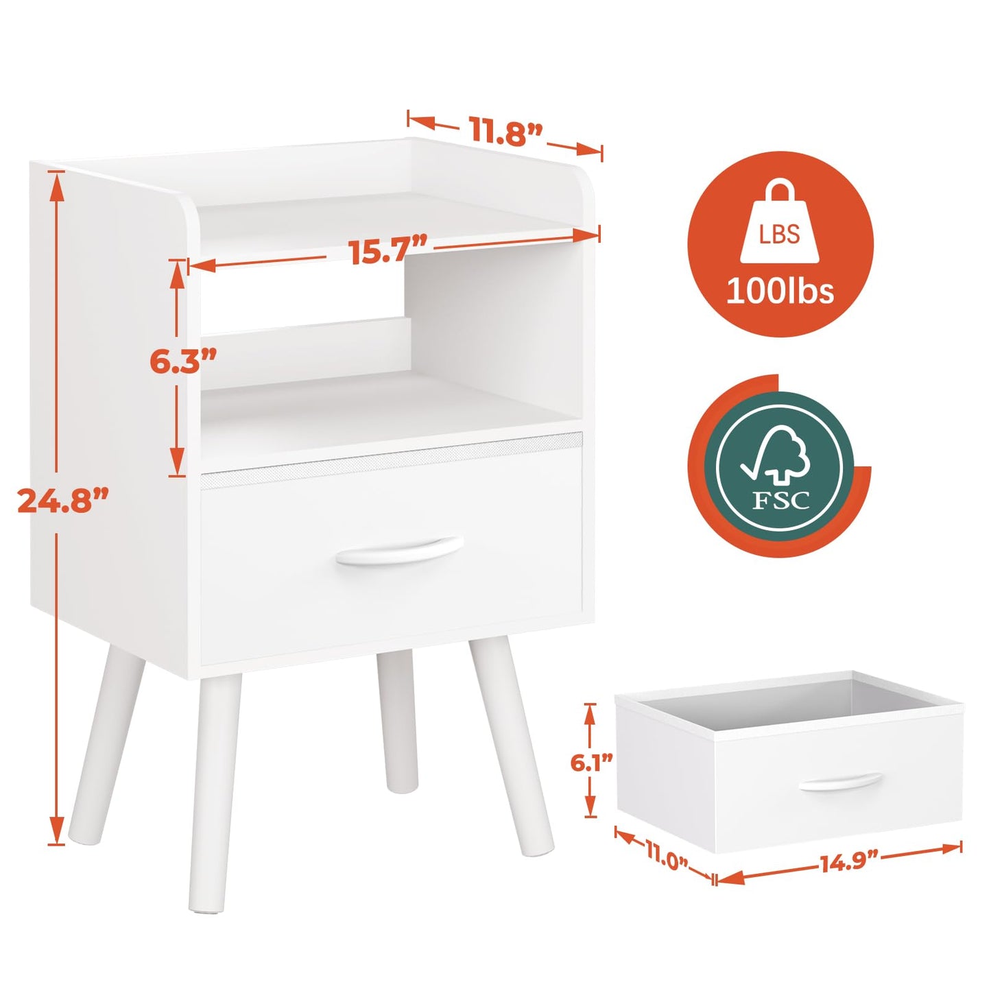 Yoobure Modern Nightstand with Drawer, Bedside Tables, Mid Century Nightstands with Open Storage Shelf, Wood Bedside Table, Small Night Stands for Bedrooms, 2-Tier Night Table