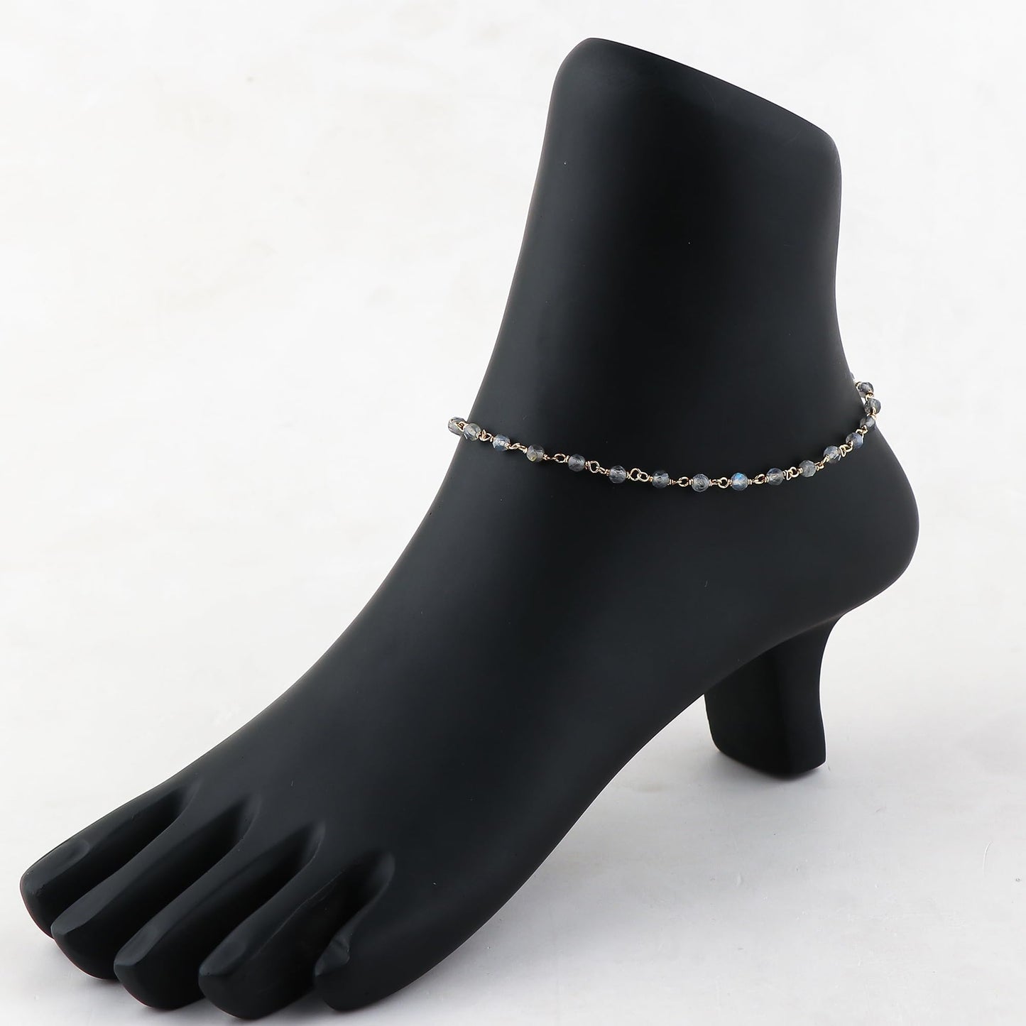 JOR Natural Labradorite Beaded Rosary Anklet, Handmade Craft, Anklet Beads Bracelet, Chakra Healing Anklet, Gemstone Women Jewelry, Hypoallergenic Gold Plated Anklet 9 inch + 2 inch (1pcs)