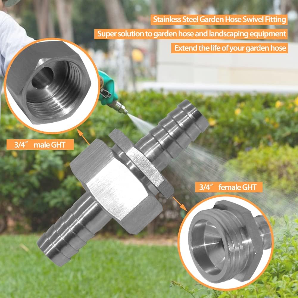 Fitvell Stainless 3/8" Hose Barb x 3/4" Female GHT Garden Hose Threaded Swivel Connector Repair Fitting for Water Boat Lawn Power Wash Irrigation