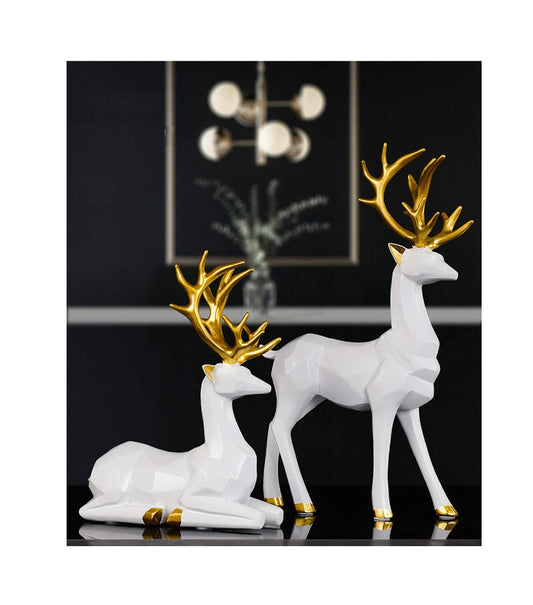 BrichLife 2pcs 3D Geometric Elk Resin Statue, Seated and Standing Elegant Lucky Deer, Luxurious Simple Style Ideas, Suitable for Living Room, Wine Cabinet, Display Stand, Bedroom, Office Desktop
