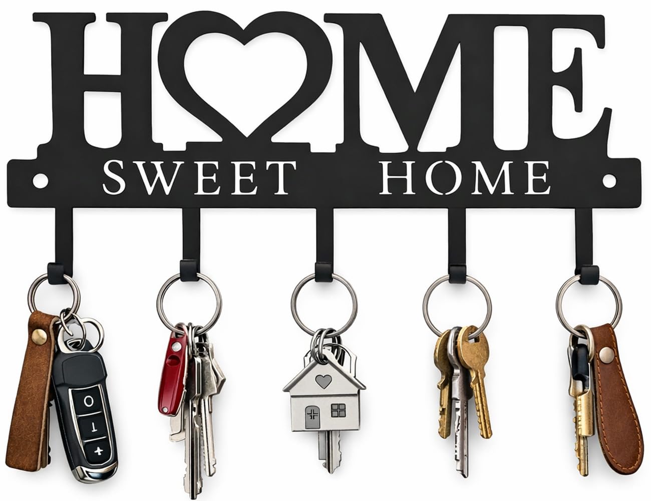 Key Holder Hooks Organizer Hanger Rack Wall Mounted Sweet Home Metal Decor Stylish and Practical for Entryway Front Door Kitchen Hallway Garage Mudroom Office 9.8inches/25cm Hardward Included Black
