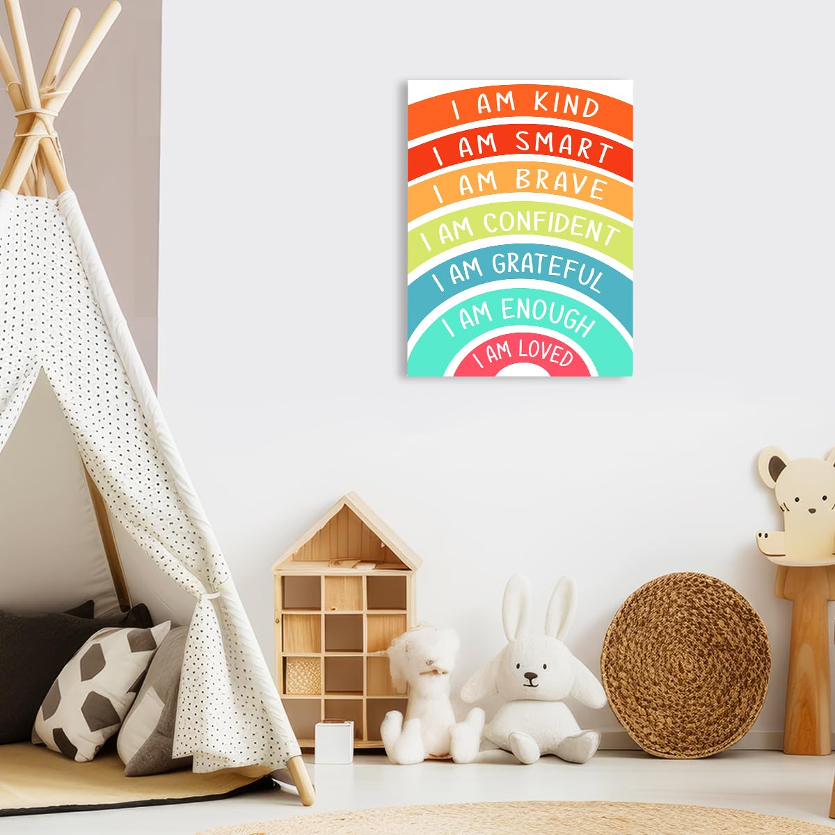 Positive Kids Affirmation Wall Decor, I Am Kind Smart Rainbow Classroom Wall Art Canvas Framed Print for Calming Corner School Counselor Wall Decor 12 x 15 in