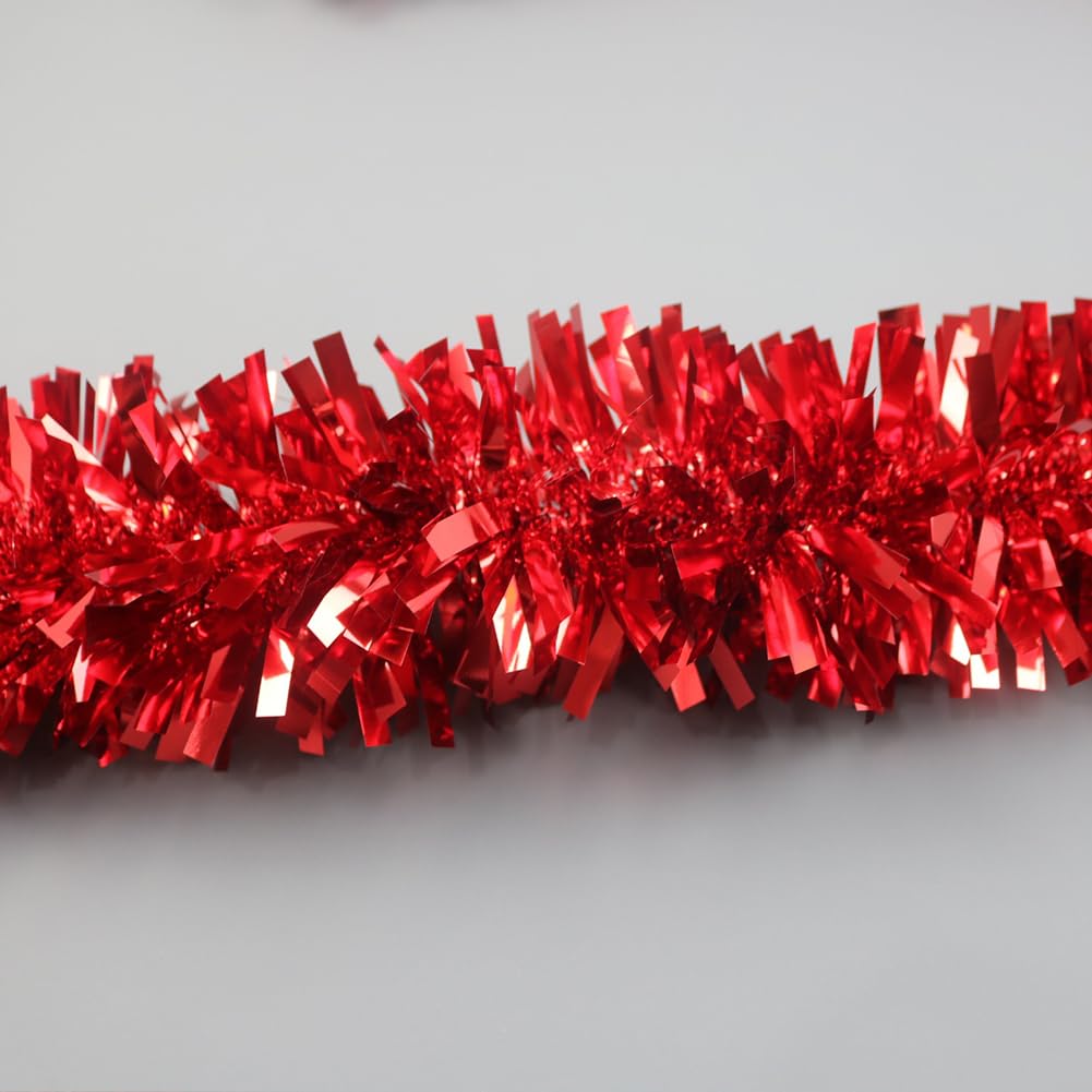 33Ft Christmas Tinsel Garland Shiny Thick Red Tinsel Decor Xmas Tree Decorations Metallic Twist Foil Garland for Birthday Thanksgiving Day New Year Parties Indoor Outdoor Party Supplies - Red
