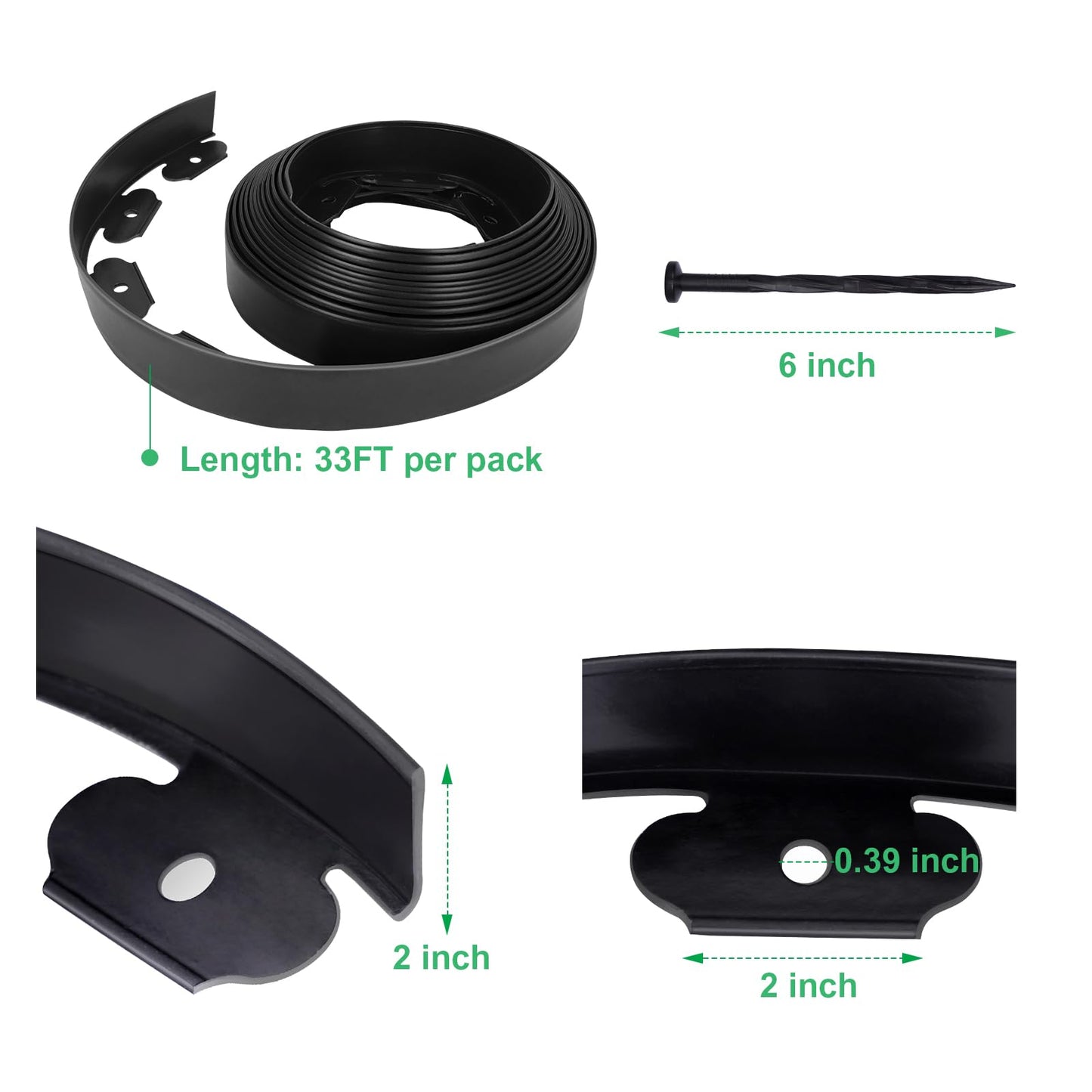 2-Inch x 66 FT Landscape Edging Border with 100 Spikes, No Dig Garden Border Edging Kit, Plastic Edging Border Flexible for Garden Flower Beds Lawn Yard Paver Pathway (Black)