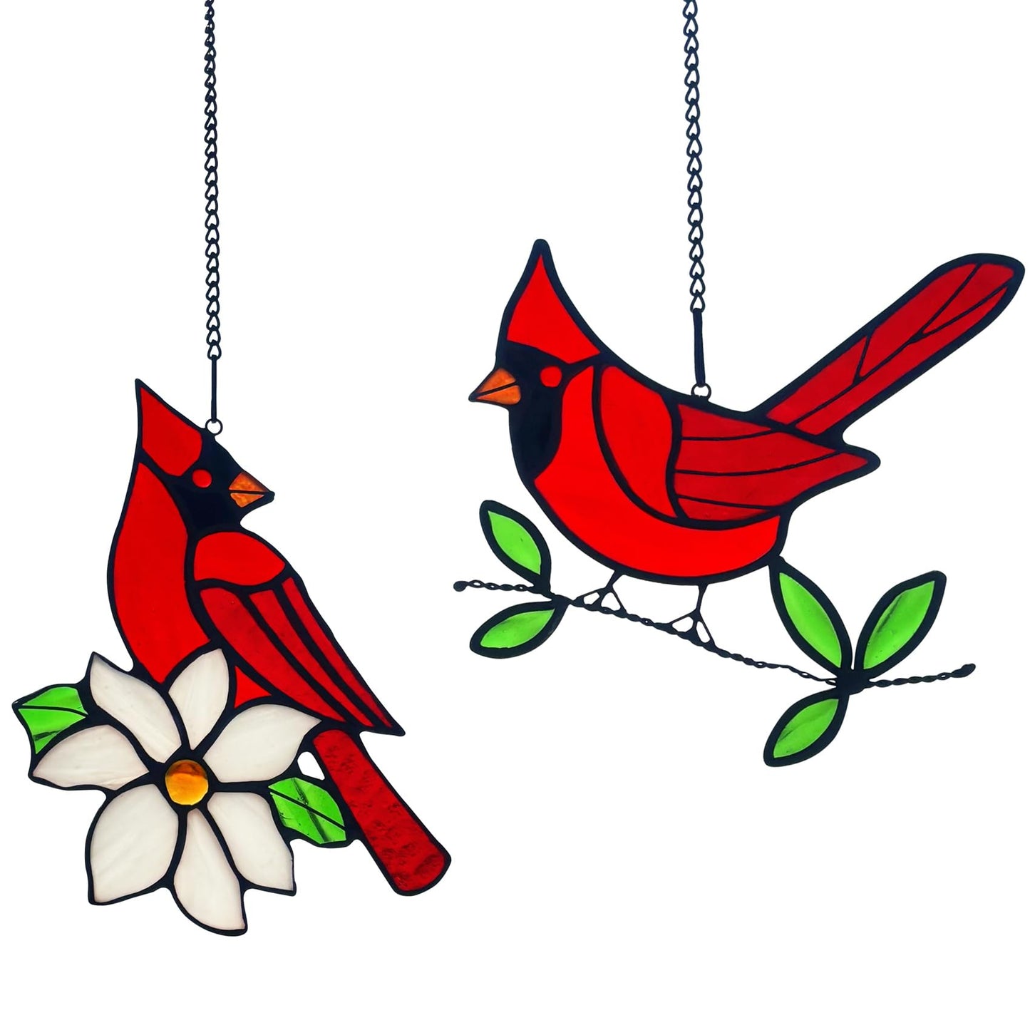 Lcensp 2 Packs Stained Glass Red Cardinal Memorial Gifts for Women, Stained Glass Window Hanging, Red Cardinal on Branch Ornament Suncatcher, Handmade Bird Decor Gift for Mom, Bird Lover