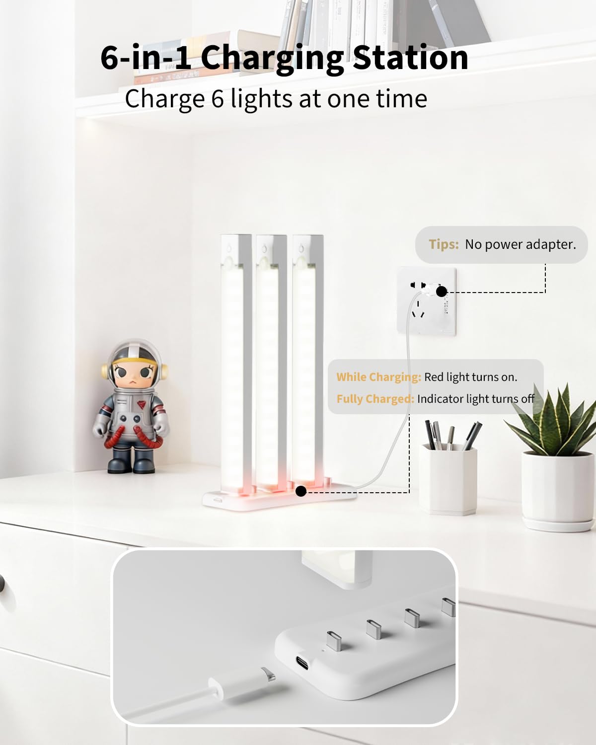 Rihvy 6-Pack 8-Inch Under Cabinet Lighting with Charging Station Rechargeable Motion Sensor Light Indoor 3 Color Dimmable Closet Light USB LED Magnetic Wireless Under Counter Lights for Kitchen Stair