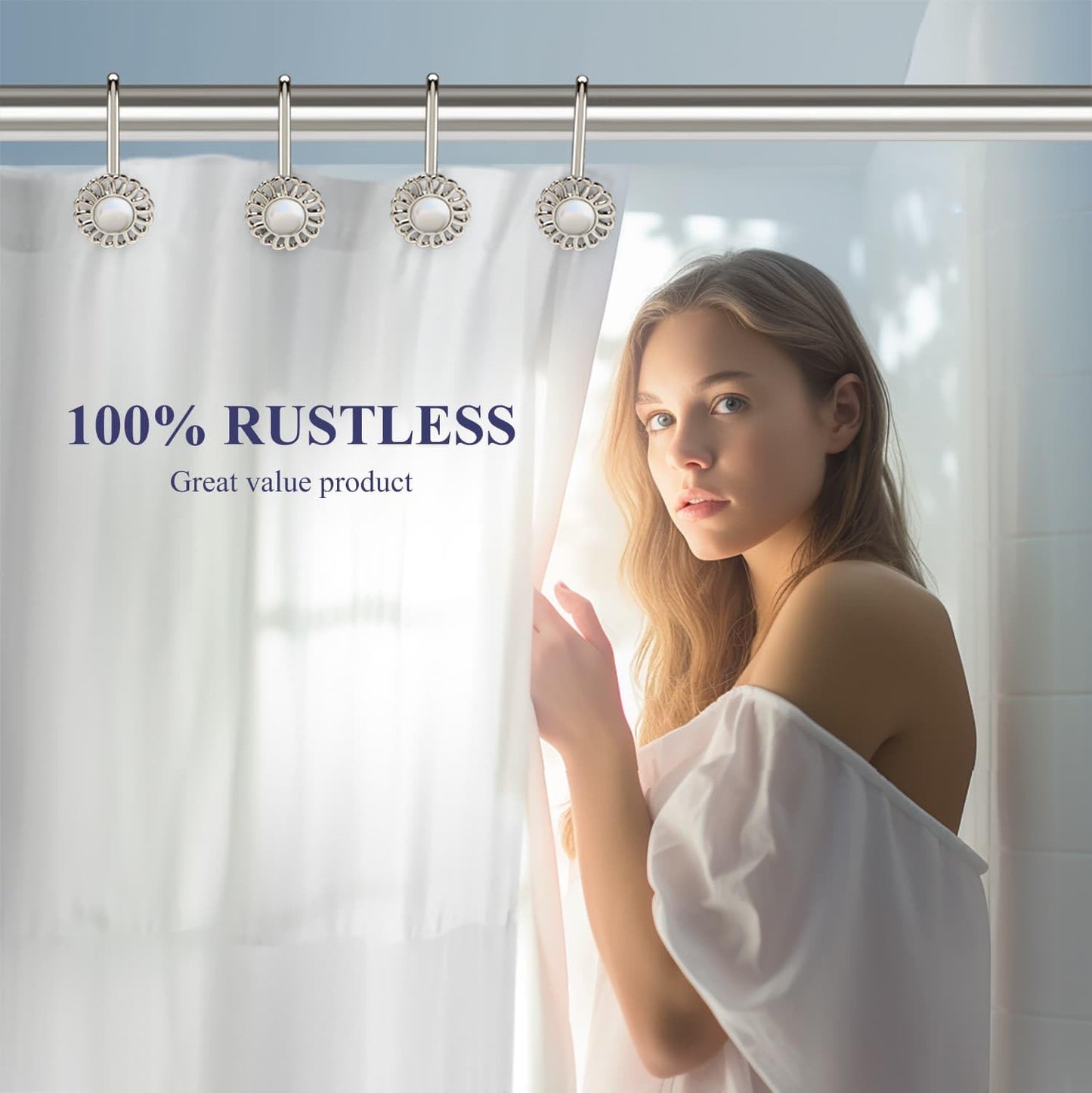 iToplin Nickel Shower Curtain Hooks Rings, Decorative Shower Curtain Hangers, Heavy Duty Metal Shower Rings, Sunflower Shower Hooks for Shower Curtain Rod and Liner, Bathroom Curtain Hooks, Set of 12