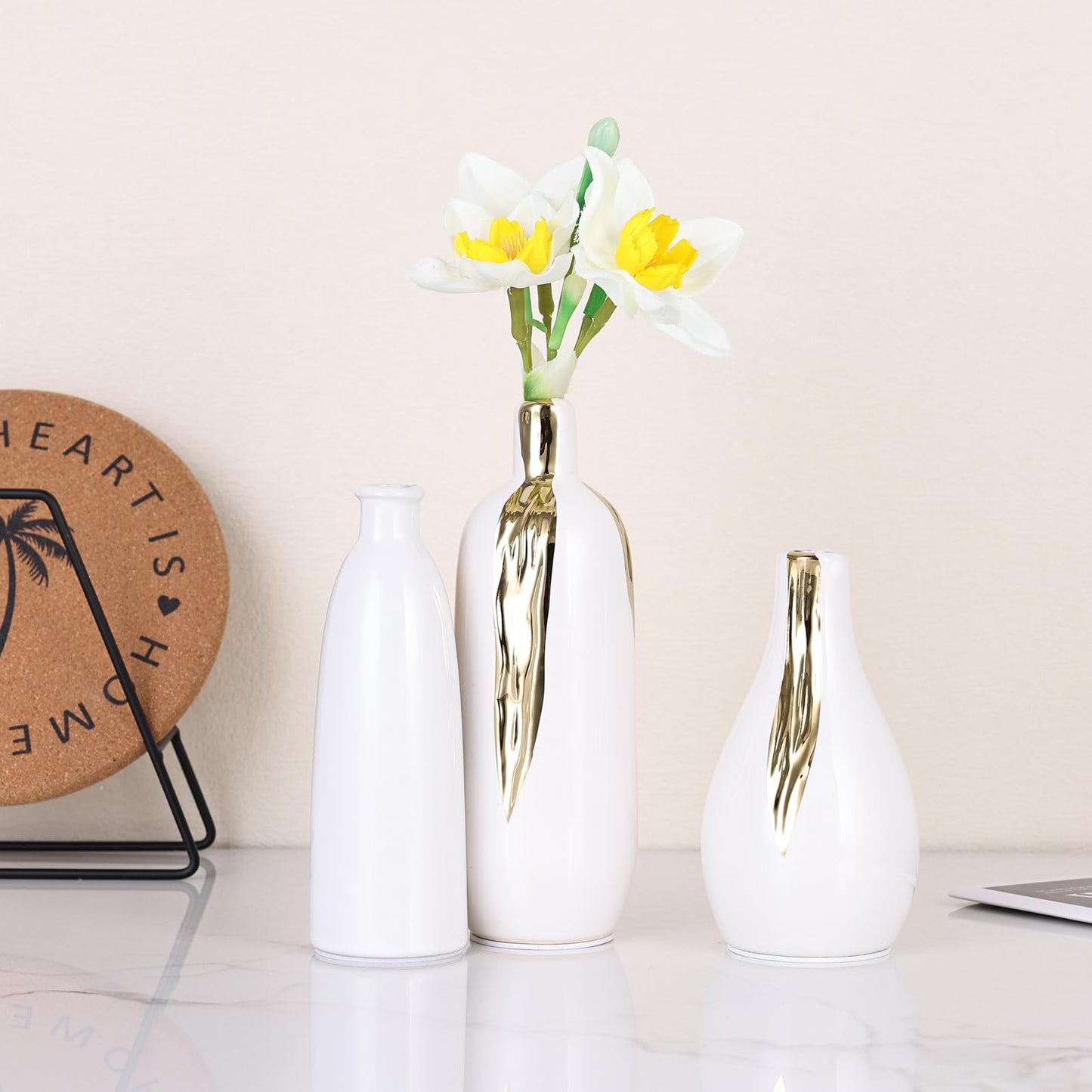 White and Gold Mini Ceramic Vase Set of 3, Small Ceramic Vase Set for Decorative, Bud Vases for Centerpieces Nightstand Kitchen, Boho Farmhouse Home Coffee Table Tray Decor