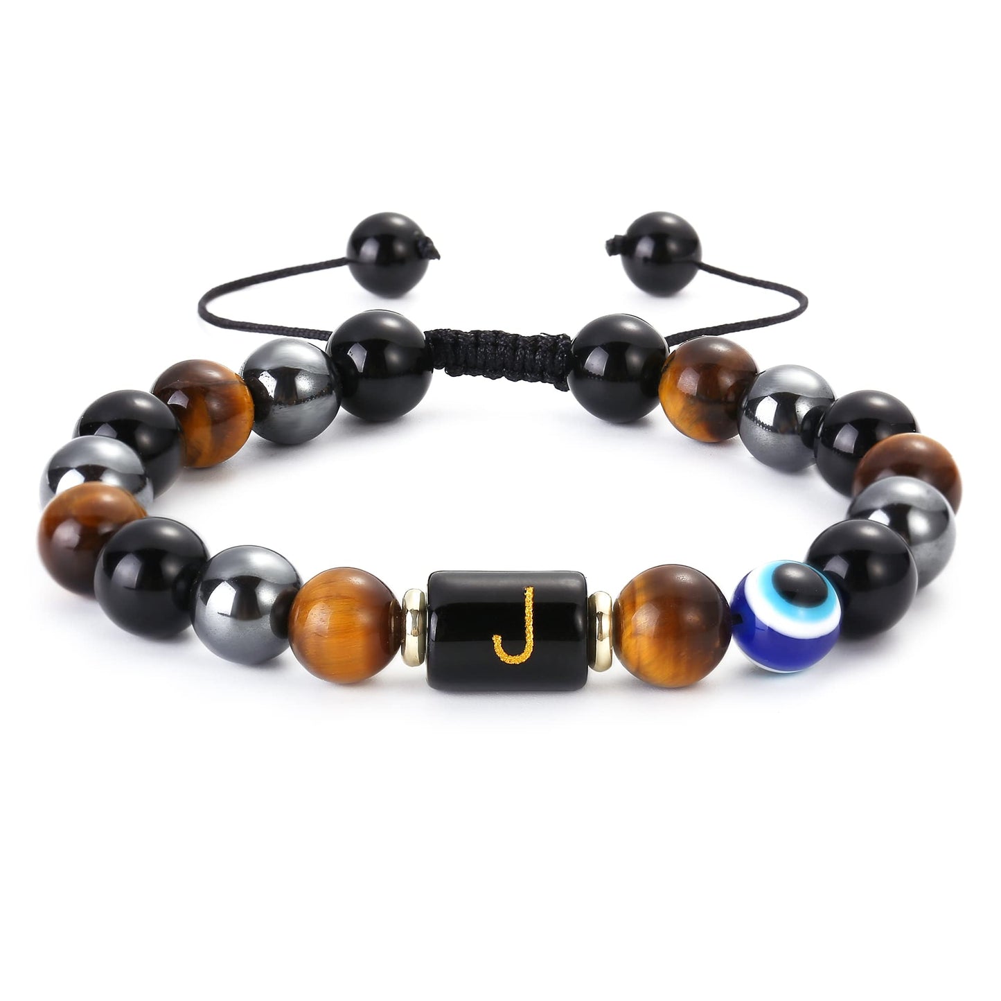 Initial Triple Protection Bracelet for Men,Black Evil Eye Tiger Eye Hematite Obsidian Good Luck Healing Crystal Stones Mens Bead Bracelet Jewelry Gift (J initial bracelet, Triple Protection)