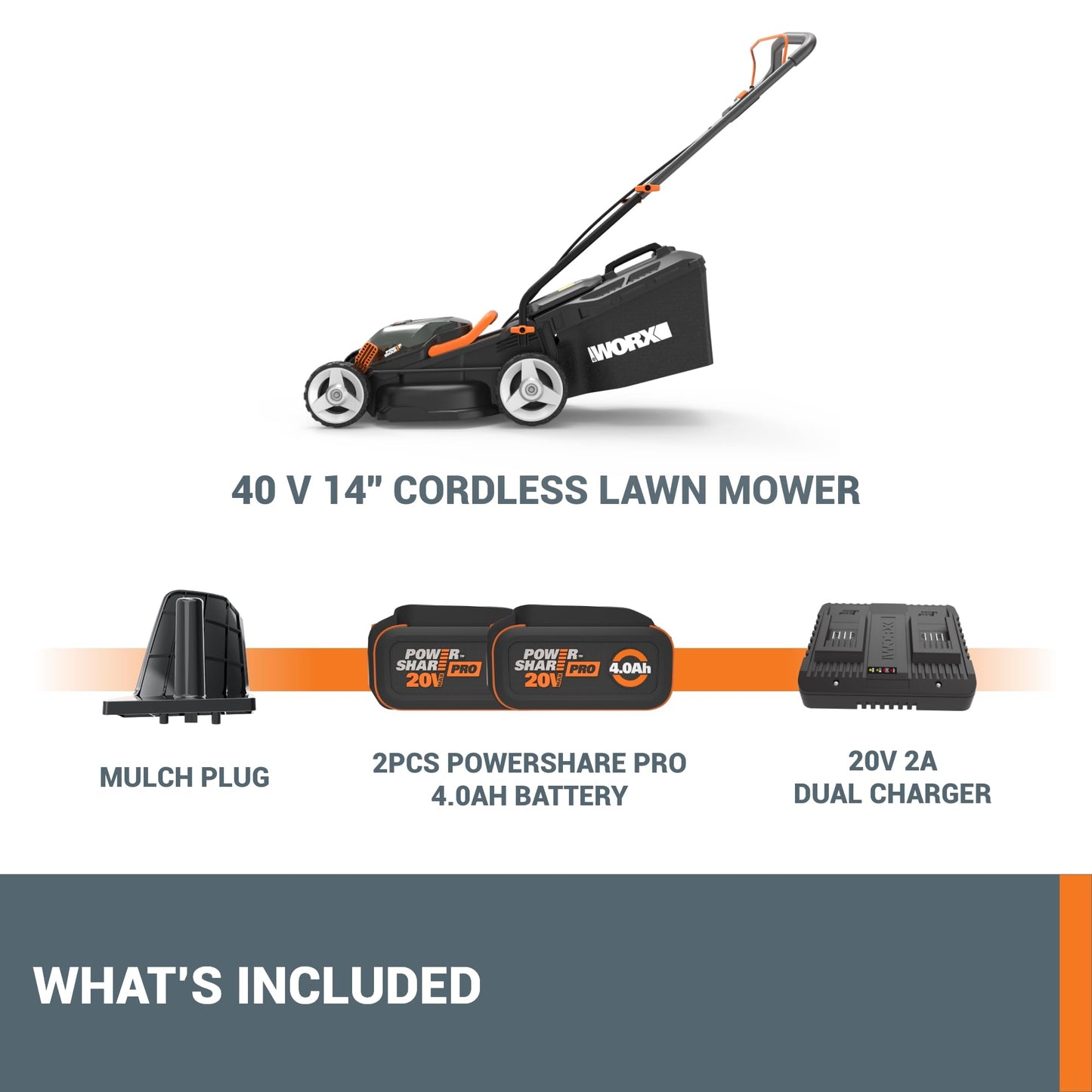 WORX 14" Cordless Lawn Mower, 2 in 1 Electric Mower Cuts Quietly, Compact & Lightweight Push Lawn Mower with 6-Position Height Adjustment for Small Yards, 2 Batteries & Charger Included, WG779