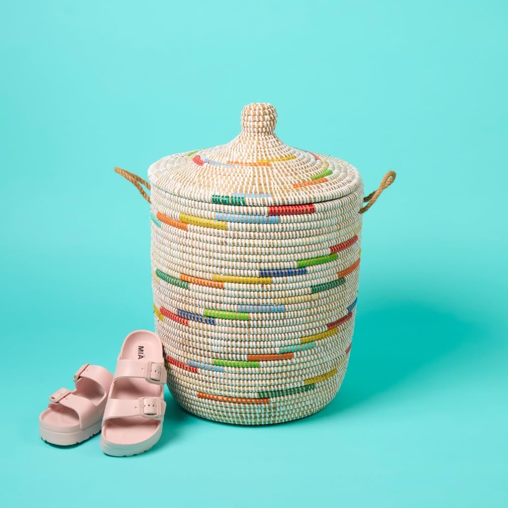 Small Wicker Basket with Lid, Colorful Pattern on White, 12 Inch Wide, 14 Inch Tall