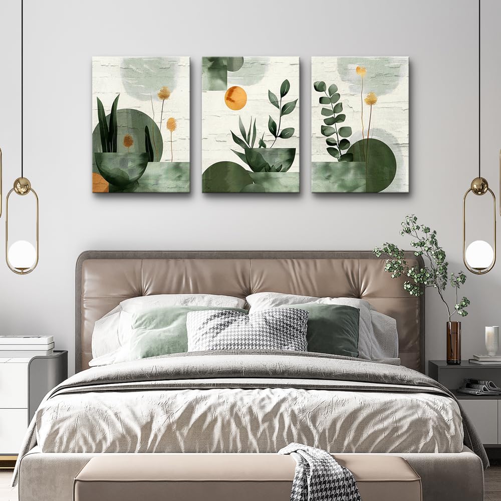 TTHYUEWS Boho Wall Art For Bedroom Canvas Wall Decor For Living Room Office Abstract Decorations Plant Wall Paintings Geometry Pictures Artwork Modern Bathroom Home Decor Ready To Hang 3 Piece