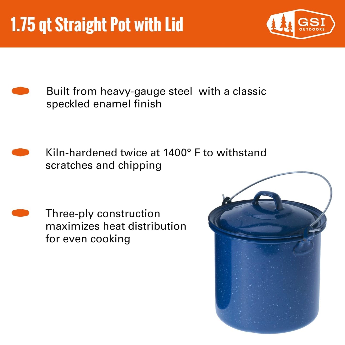 GSI Outdoors 1.75 qt Straight Pot w/Lid & Handle - Enamelware for Cooking Outdoors, Camping & Travel