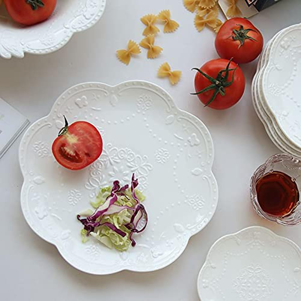 YBK Tech Elegant Round Embossed Lace Plate, Ceramic Serving Plate for Breakfast Afternoon Tea (White, 6-inch)